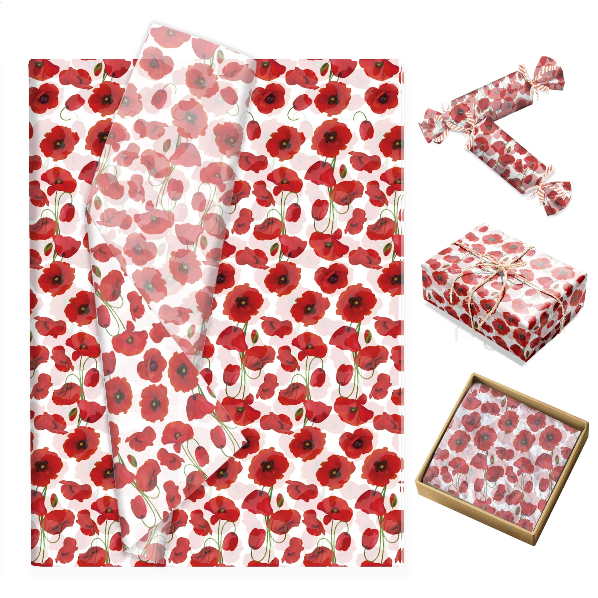 50 Blatt Rote Mohnblumen Seidenpapier Klatschmohn Motiv Vintage Blumen Deko Packseide Geschenkpapier DIY Bastelpapier für Hochzeit Taufe Sommerparty, 50x35 cm
