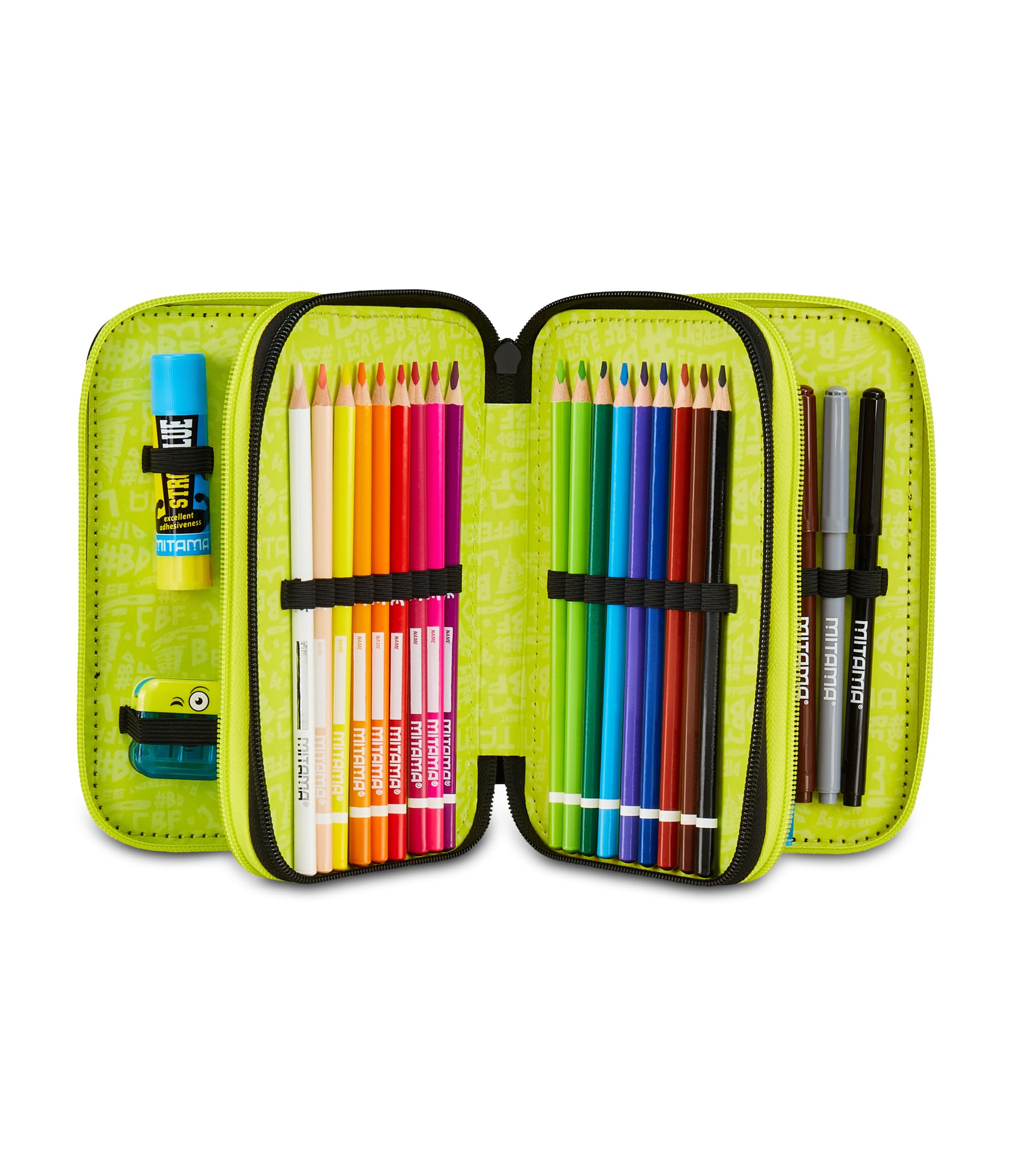 Mitama Estuche Escolar con 3 Compartimentos, Triple mangaball, Contenido 47 Piezas, Completo de lápices, rotuladores, portalápices Escuela Primaria niño, Negro, Moderno