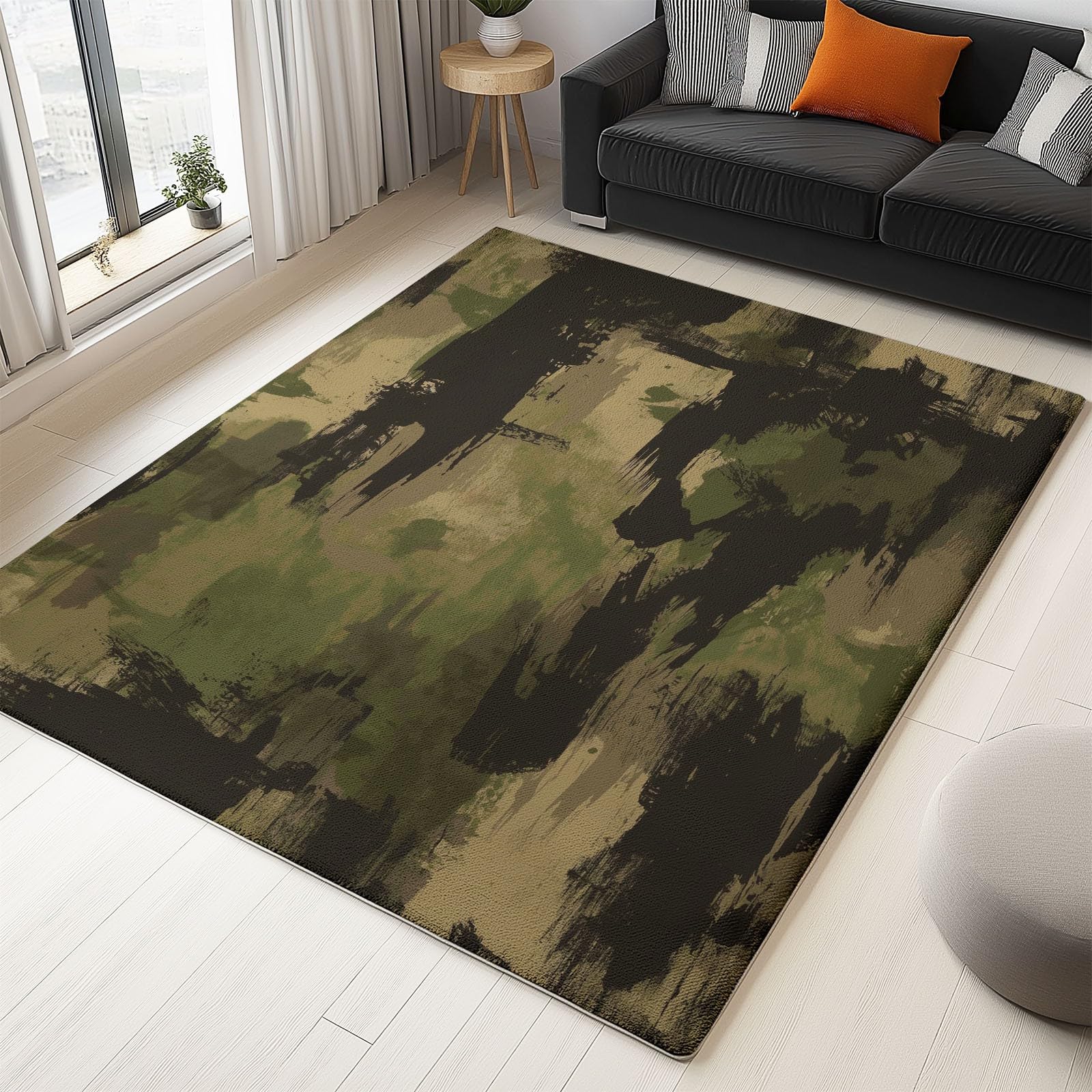 Washable Area Rugs 5x6 ft Military Camouflage Pattern Green Modern Non-Slip Area Rug for Living Room Bedroom, Indoor Floor Carpet, Ultra Soft Wool Low