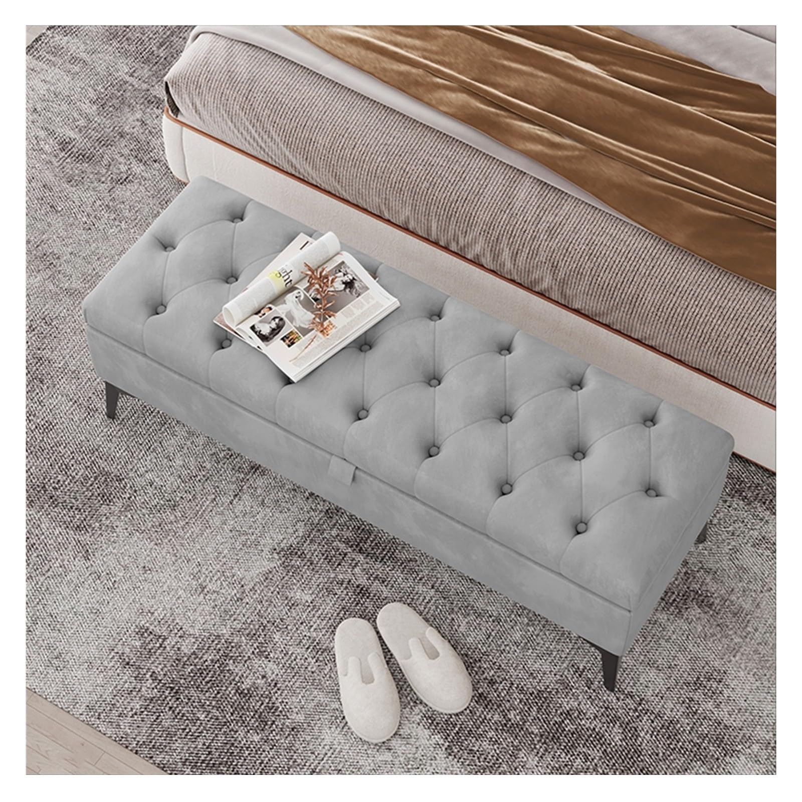 LMMIAOZ Modern Velvet Upholstered Storage Bench for Bedroom Tufted Bench with Footrest Stool End of Bed Bench with Storage Entryway Bench (Light Grey 90 * 40 * 43cm)
