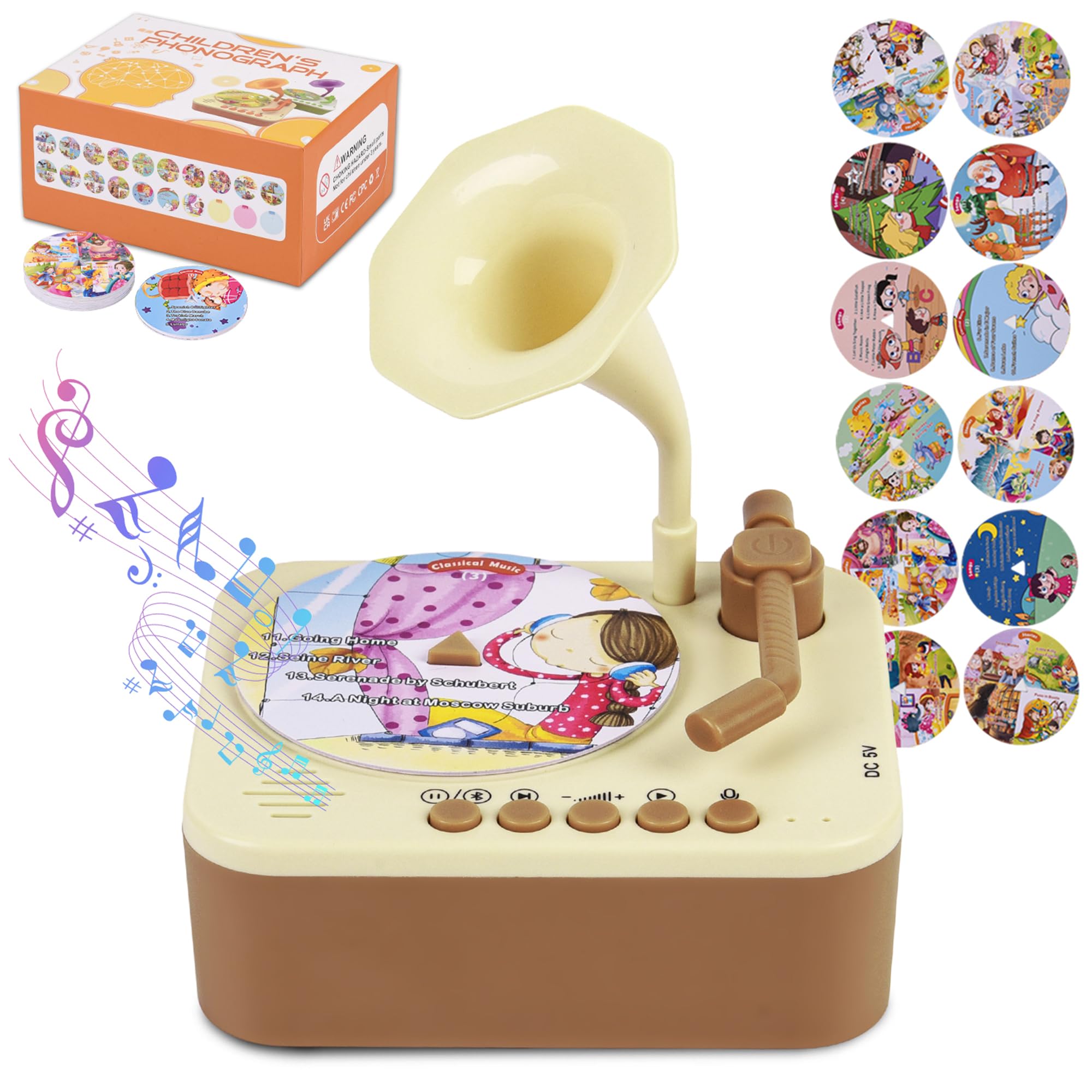 Toddler Gramophone Musical Toy Story & Music Player with Bluetooth, Early Learning Educational Toy, Kids Phonograph Recorder, 24 Cards 100+ Stories Songs Gramophone Story Player, Gift for Boys Girls