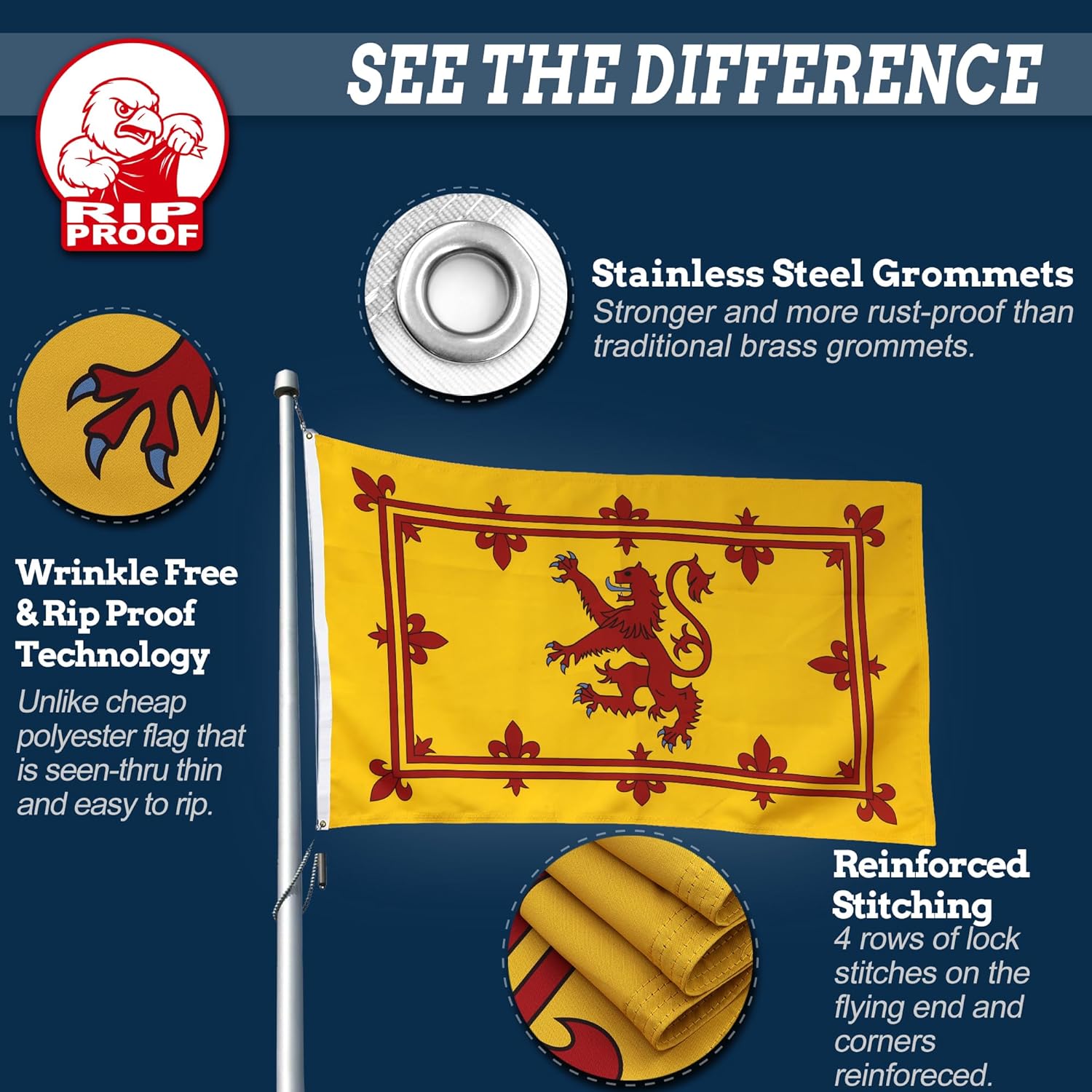 Anley Rip-Proof Double Sided 3-Ply Scotland Rampant Lion Flag 3x5 Foot - Vivid Color, Canvas Header and Wrinkle Resistant - The Strongest, Longest Lasting Scottish Rampant Lion Flags 3 X 5 Ft