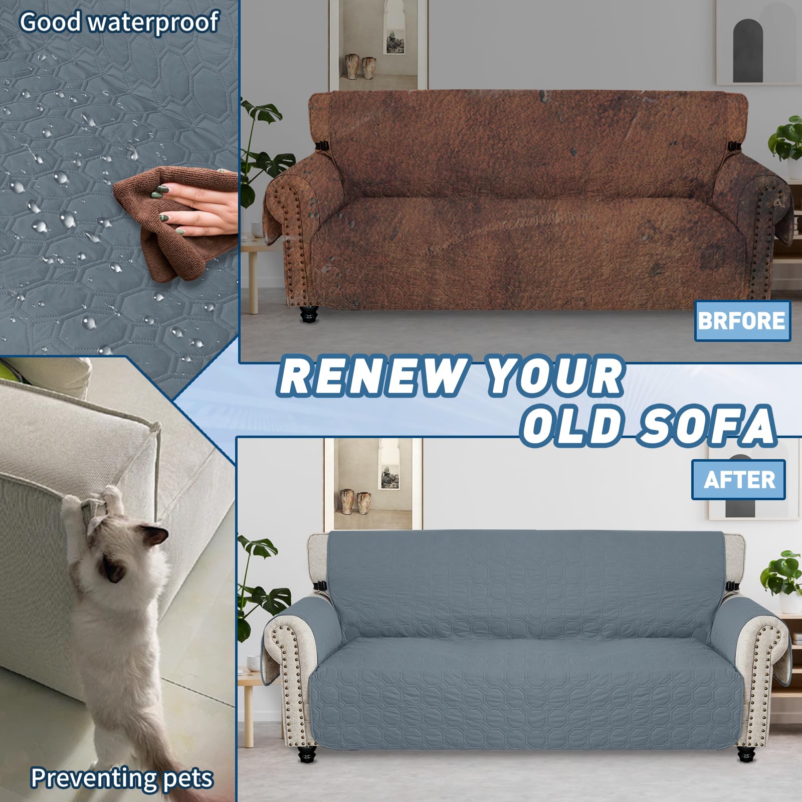 Ystyle Copridivano Impermeabile 3 Posti Con Braccioli, Copri Divano Antigraffio Gatto Con Tasche Laterali, Sofa Cover Antiscivolo, Universale Copridivani Mobili Protector, Blu Grigio