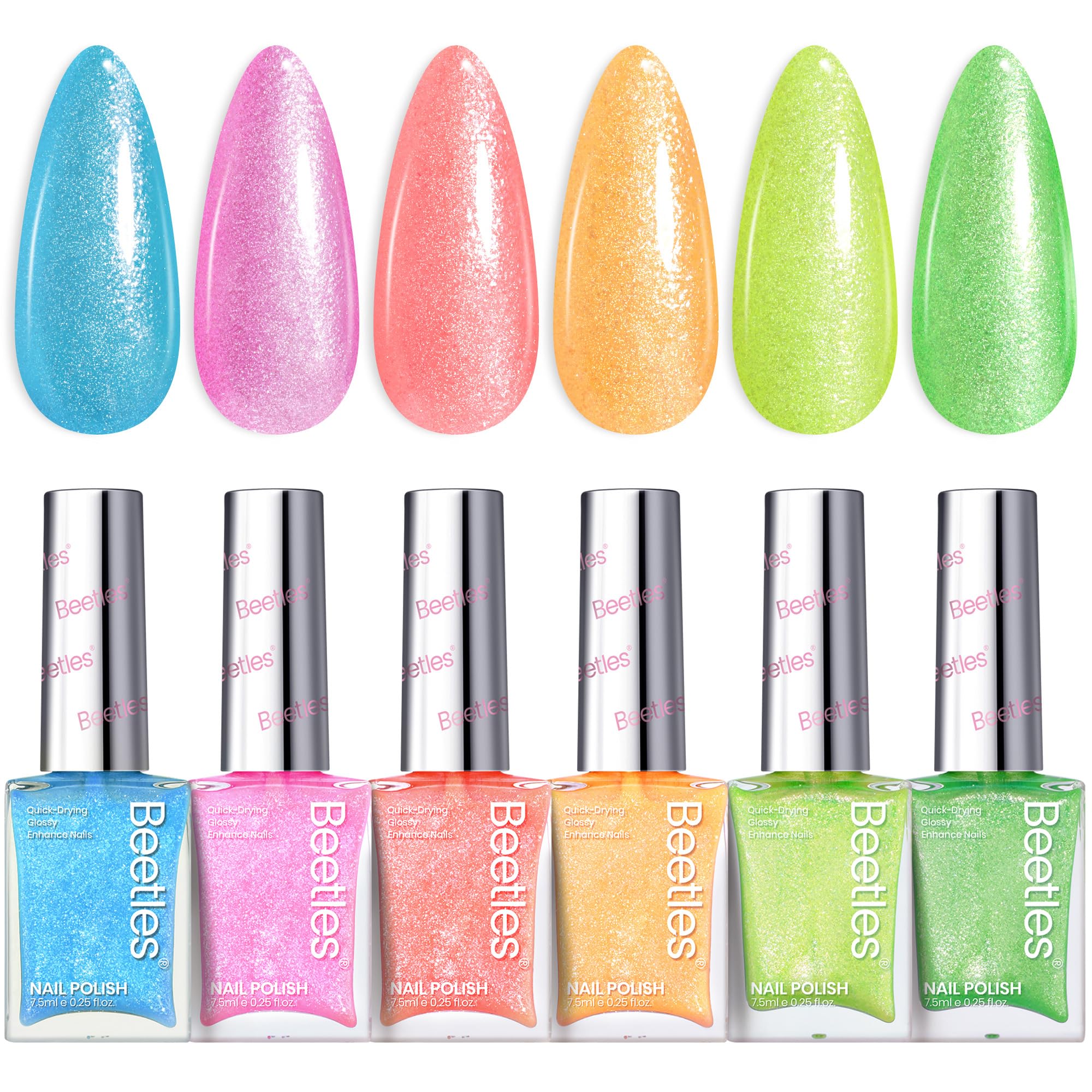 Beetles Neon Nail Polish Set 6 Colors Glitter Nail Polish Kit Shimmer Pink Blue Green Yellow Orange Neon