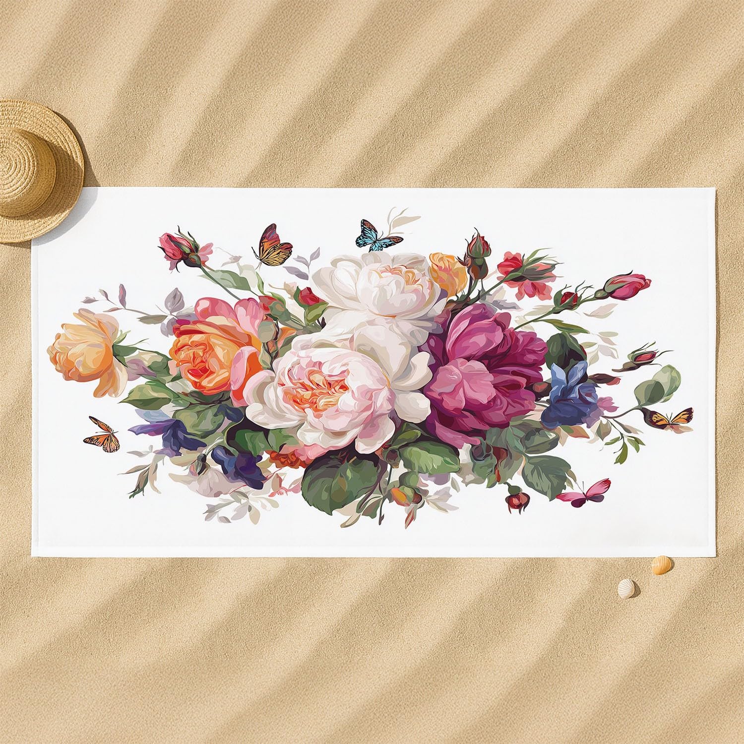 Générique Grande Serviette de Plage 200 x 100 CM,Drap de Plage Microfibre,Couverture de Plage Absorbante Rapide pour Aquarelle, Romantique, Art Roses Délicates, Papillons