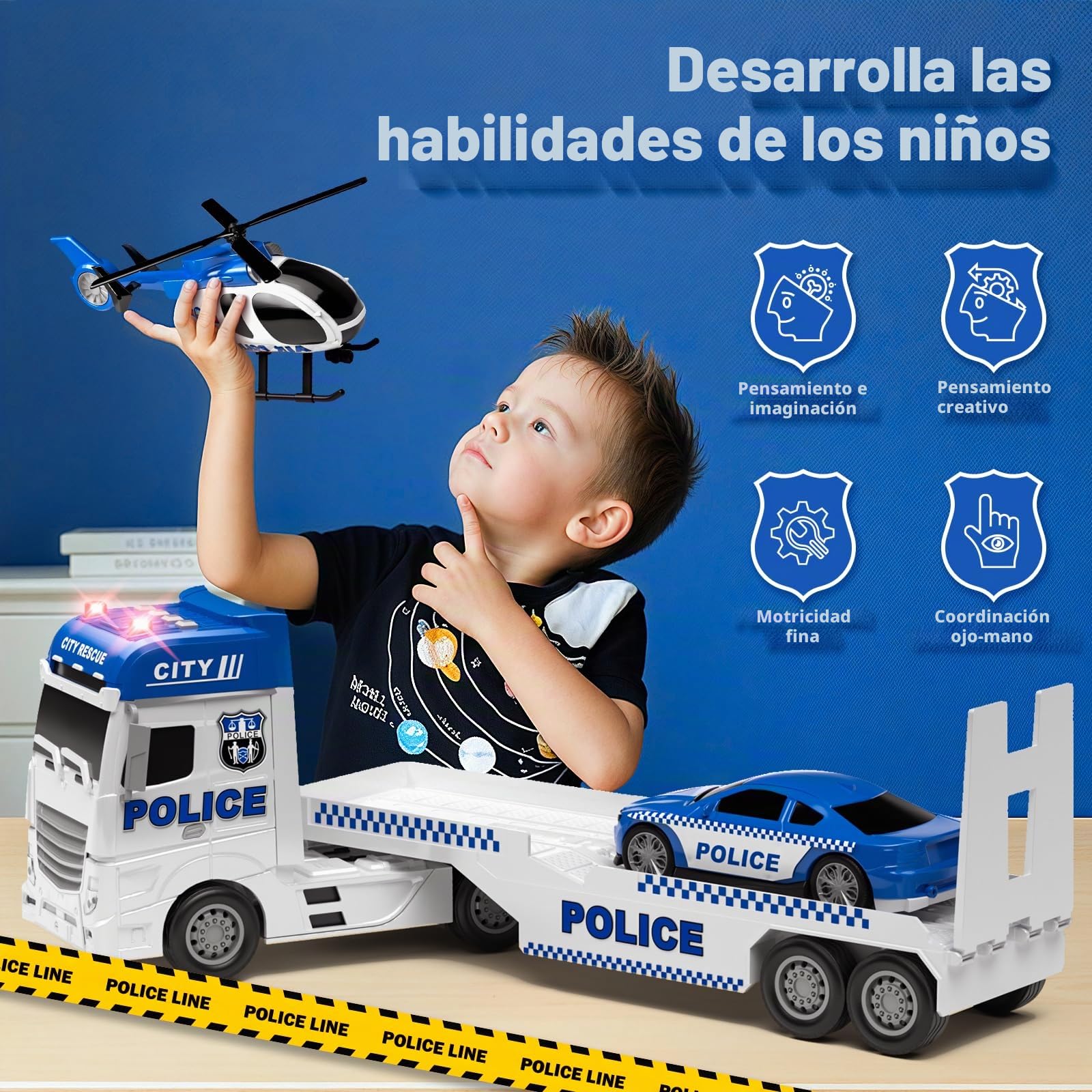 Tacobear Camión Policía de Juguetes para Niños Grande Vehículos de Camiones de Juguete con Helicóptero Coche de Policía, Camión Transportador Policía Juguete Regalo para Niños 2 3 4 5 6 años
