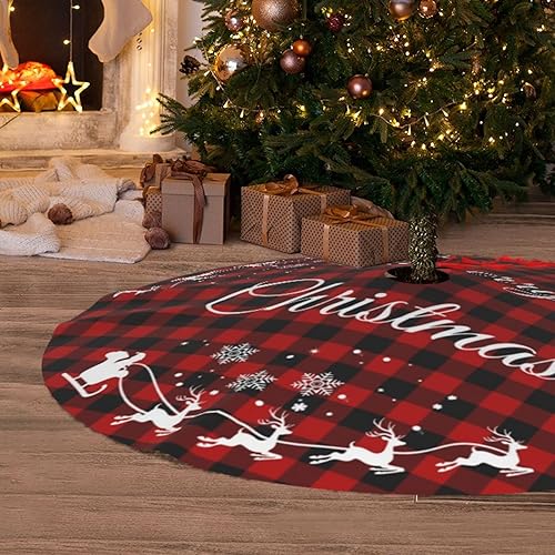 Miniatura 6 de Falda de árbol de Navidad a cuadros de búfalo de 36 pulgadas, falda de árbol de Navidad de Papá Noel con copo de nieve de reno, faldas de árbol rojo