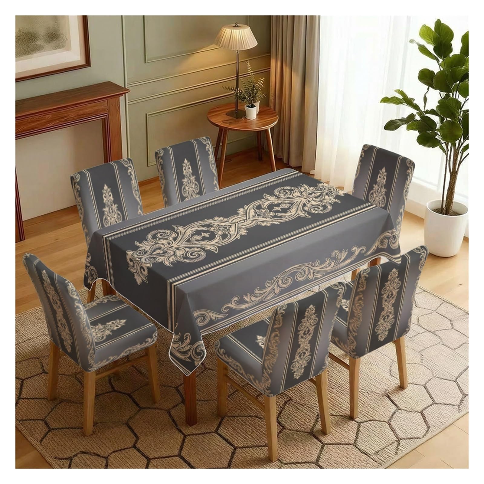 KXUAUV Grey Gold Damask Print Stretch Dining Chair Covers Tablecloth Set, For Kitchen Dining Living Room Elegant Decor, 5/7 Pack Party Decor(7pcs Set: Tablecloth+Chair Covers)