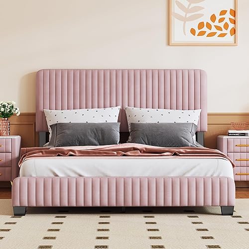 Miniatura 36 de Elegante cama con plataforma tapizada de terciopelo de tamaño Queen con cabecero, para niños, niñas y adolescentes (beige @cabecero/, Queen)