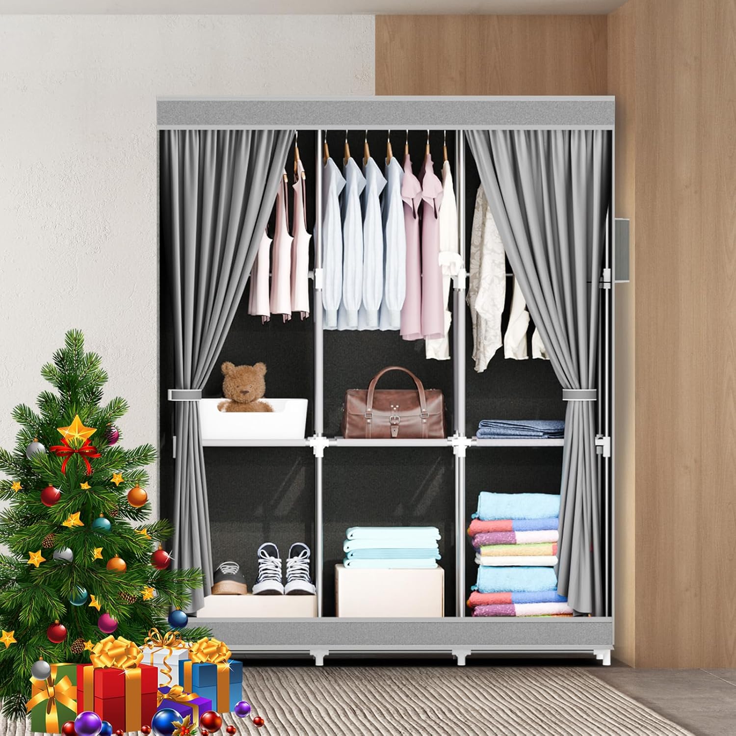 ALSO GO Portable Closet, Storage Organizer Wardrobe with Non-Woven Fabric Cover, with 3 Hanging Rods, 6 Storage Shelves and Side Pockets, Free Standing Clothes Rack with Non-Woven Fabric Cover, Grey