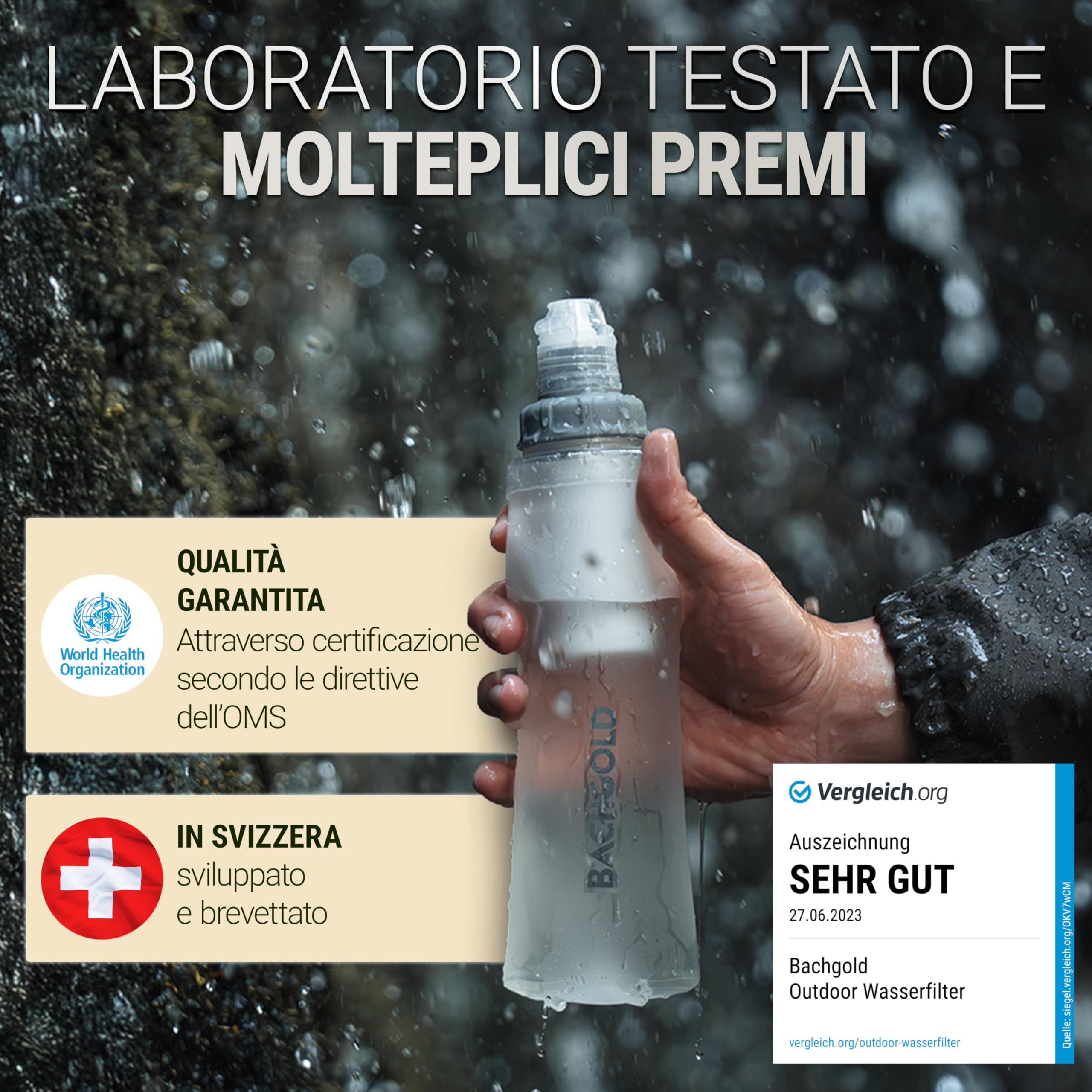 Bachgold® Squeeze Borraccia Filtrante – Filtro Acqua Potabile Ultraleggero con Potabilizzatore | Filtra Virus, Batteri & Microplastiche | per Trekking, Campeggio, Outdoor (Bianco, 1000ml)