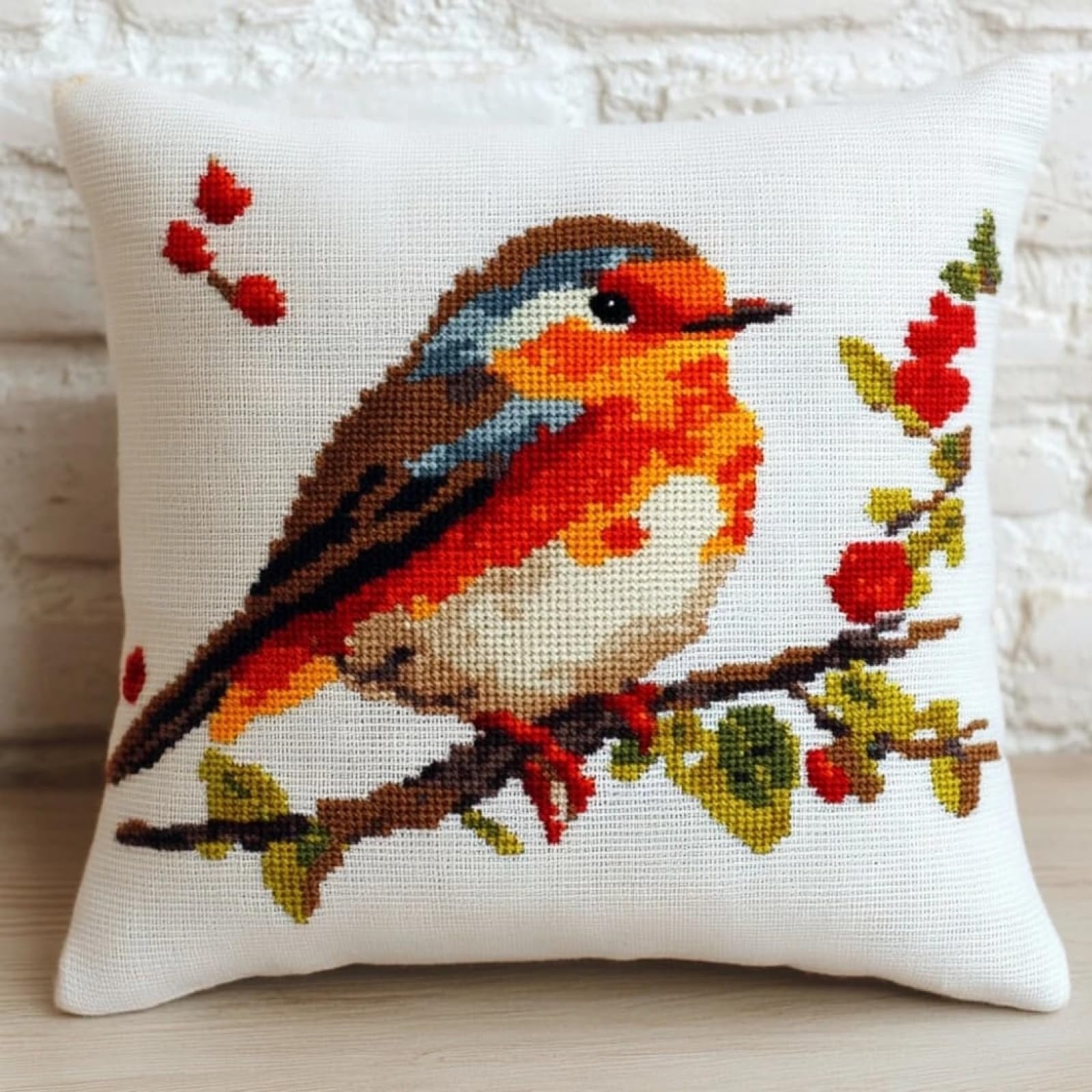 WallustrioaW DIY Printed Cross Stitch Pillow Kits,Animal Robin Embroidery Kit for Adults 11CT Cross Stitch Printed Canvas Needlework Decoration 18x18in