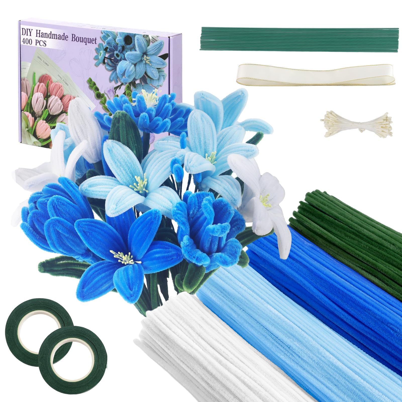 400pcs Pipe Cleaners for Craft, Pipe Cleaners for Tulip Bouquet, Fuzzy Sticks Craft Supplies for Flower DIY Craft Kit Gift,Chenille Stems DIY Arts & Crafts with Tutorial (Blue) — image 1