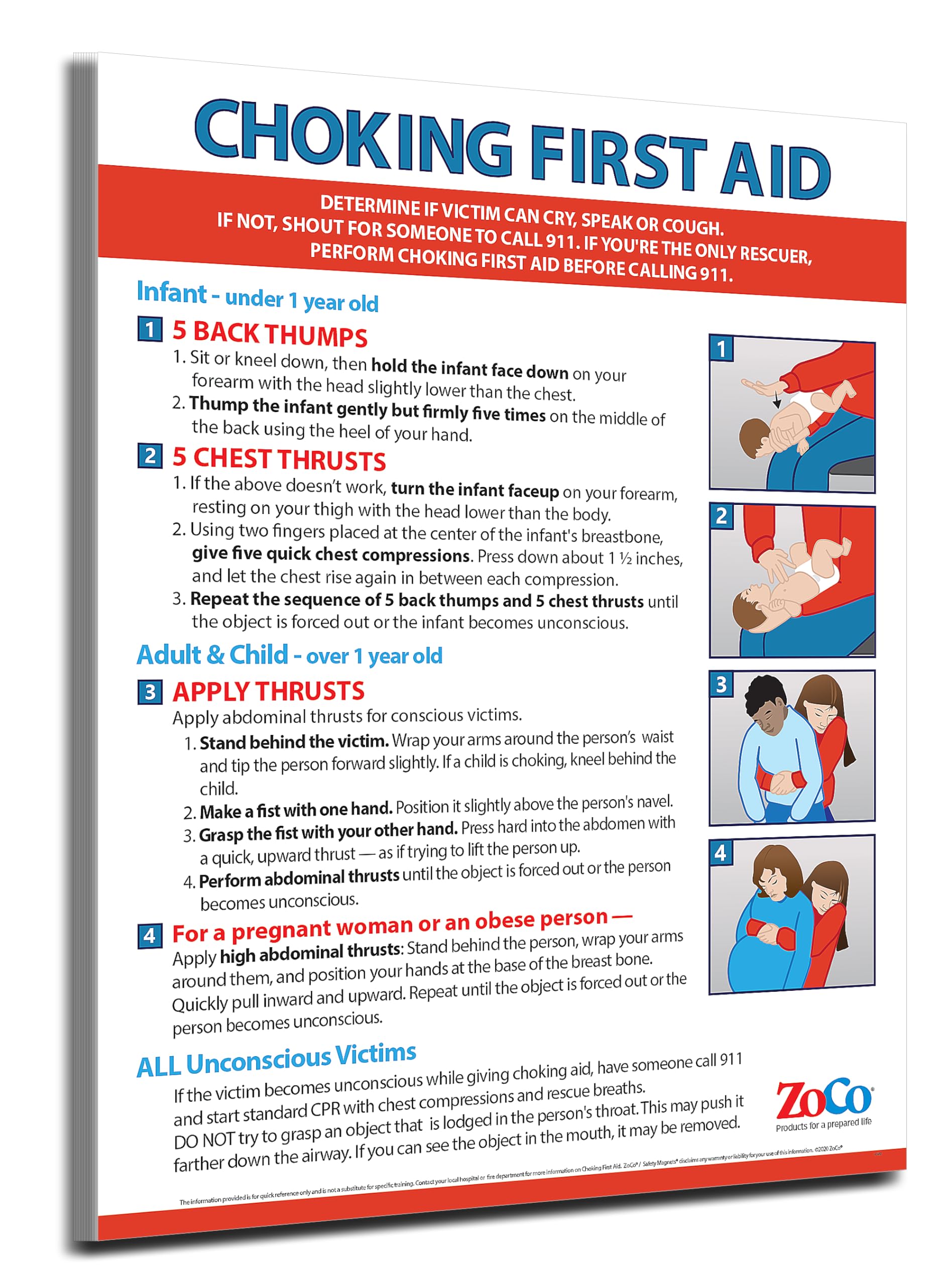 Safety Magnets Choking Posters (10 Pack) for Infant, Child, Adult - Laminated, 17 x 22 inches - Heimlich Maneuver Posters for Restaurants, Workplace, School Nurse Office - First Aid for Choking