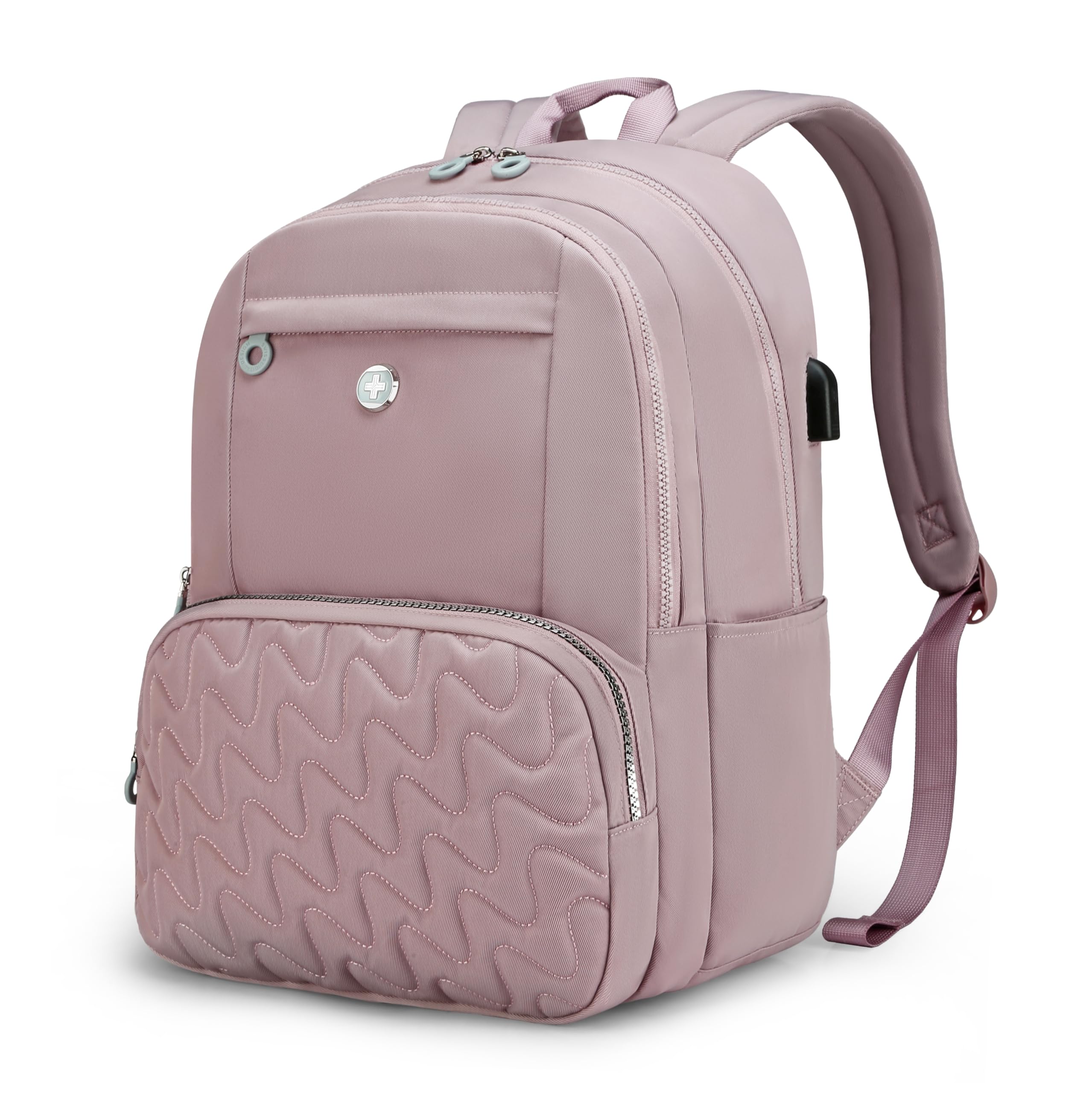 Swissdigital Design Backpack for Women, 15.6 inch Laptop College Pink Medium Simple Modern Backpacks for School with USB Charging Port for Womens
