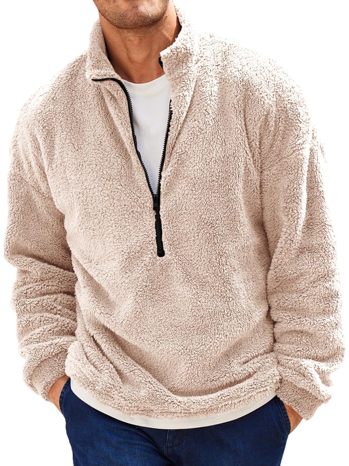 Runcati Herren Plüsch Pullover 1/4 Zip Teddy-Fleece Sweatshirt Fuzzy Sherpa Oberteile Leichte Casual Basic Pulli Tops Herbst Winter