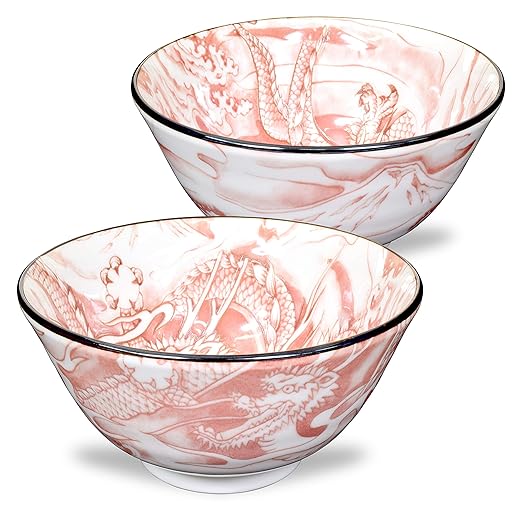 Mino Ware Japanese Rice Bowl, Rice Ramen Noodle Soup Sarada Pasta, Red Dragon Design Chawn, 2.5 inch 8.8oz, Set of 2