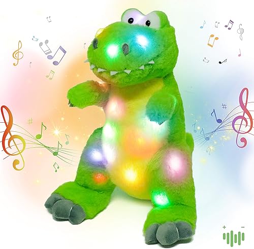 Hopearl Juguete de peluche LED musical T-Rex de dinosaurio que ilumina y canta, volumen ajustable, canción de cuna, animado, calma, festival de