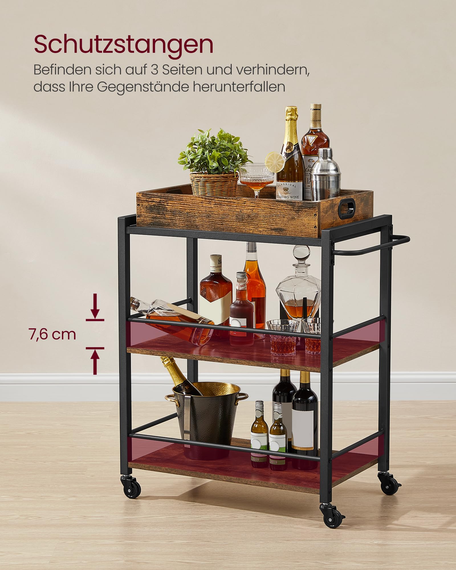 VASAGLE Servierwagen, Küchenwagen, abnehmbares Tablett, mit verstellbaren Füßen und Rollen, Küchenregal, Stahlrahmen, 40 x 72 x 86 cm, Industrie-Design, vintagebraun-schwarz LRC72X
