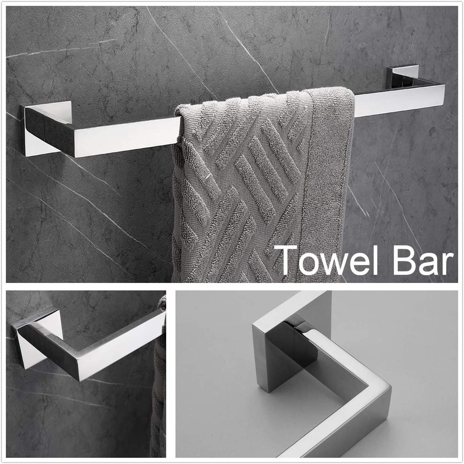 Nolimas 4-Piece Chrome Bathroom Hardware Accessory Set Including Towel Bar Toilet Paper Holder Towel Holder Robe Hook Premium SUS304 Stainless Steel Wall Mounted Square Style,Polished Finish,Rustproof