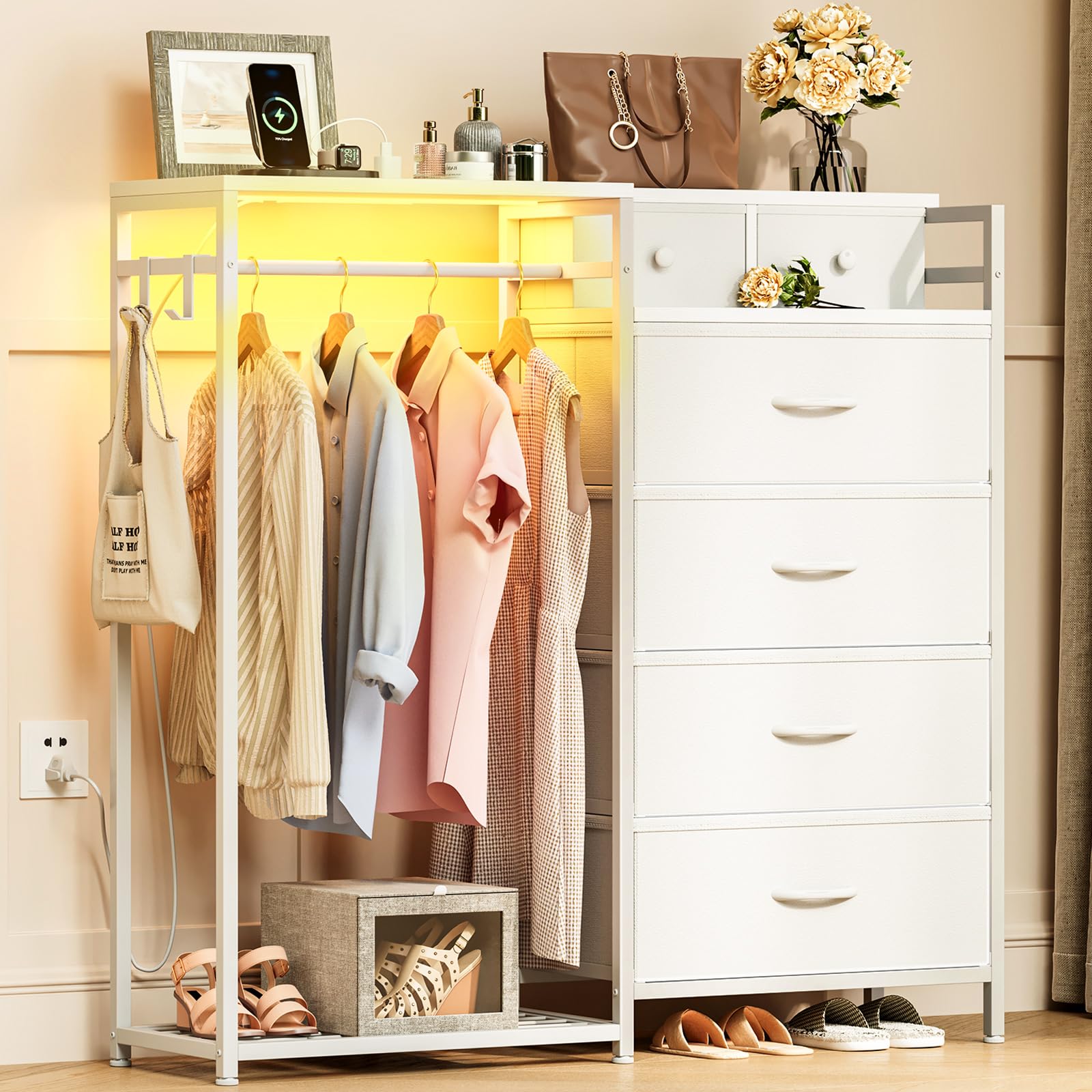 KKL 43" W White Dresser for Bedroom with Hanging Rack, Reversible 6 Drawers Dresser with Led Lights & Charging Station, Fabric Closet Dressers & Chest of Drawers with Clothes Rack for Girls, Kids