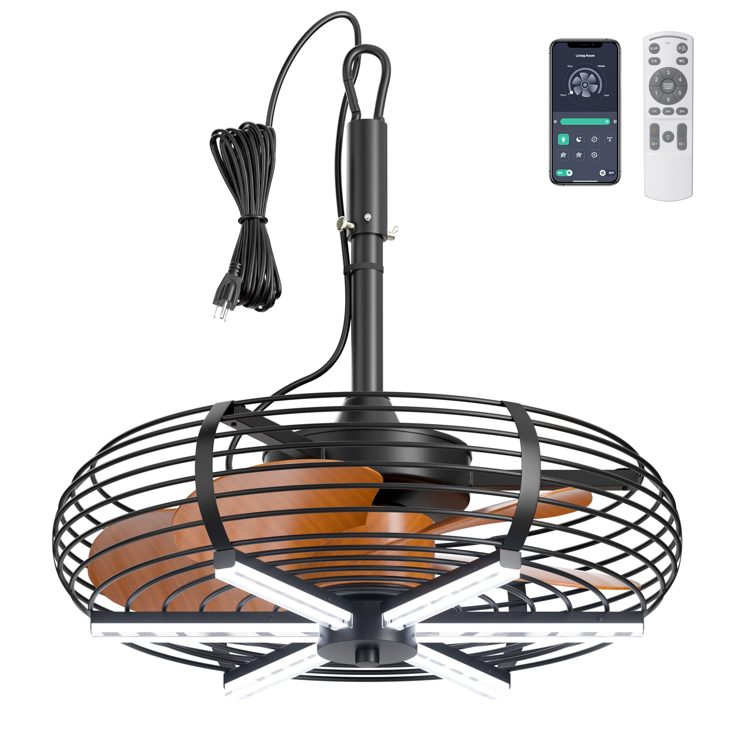 Coolbull 20'' Outdoor Ceiling Fan with Light, Wet Rated Gazebo Fan, Plug in Ceiling Fan, Hanging with Hook, Remote&APP, 6 Speeds, with Wood Blades