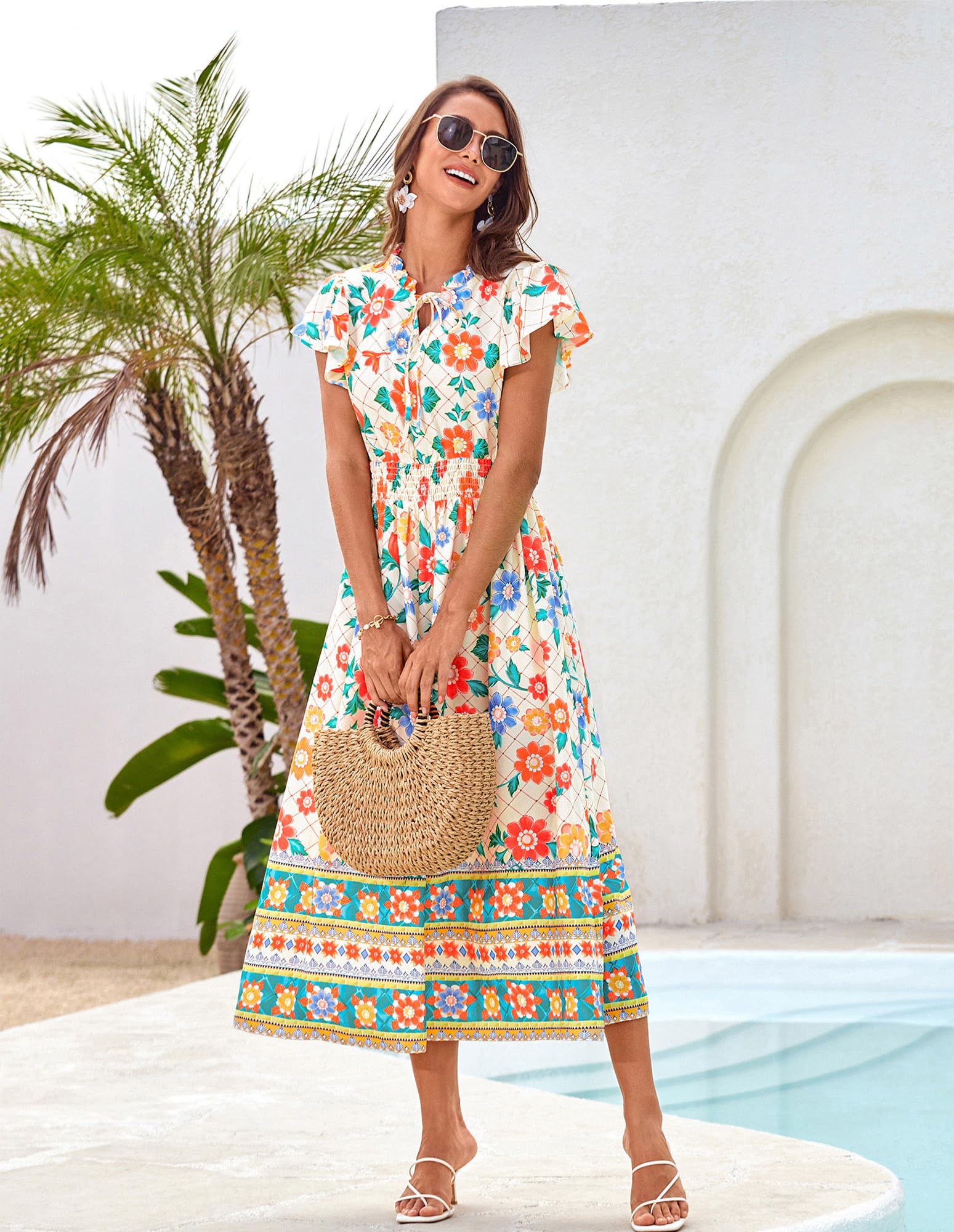 GRACE KARIN Women's Floral Boho Dress Hawaiian Dresse Short Sleeve V Neck Summer Beach Wedding Guest Swing Maxi Sundress(M)