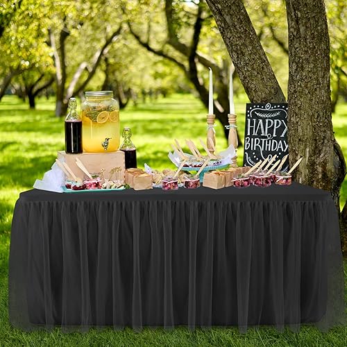 Miniatura 3 de Suppromo Falda de mesa de tul negro para mesas rectangulares de 6 pies, mantel de elastano negro con falda de mesa tutú para graduación, baby