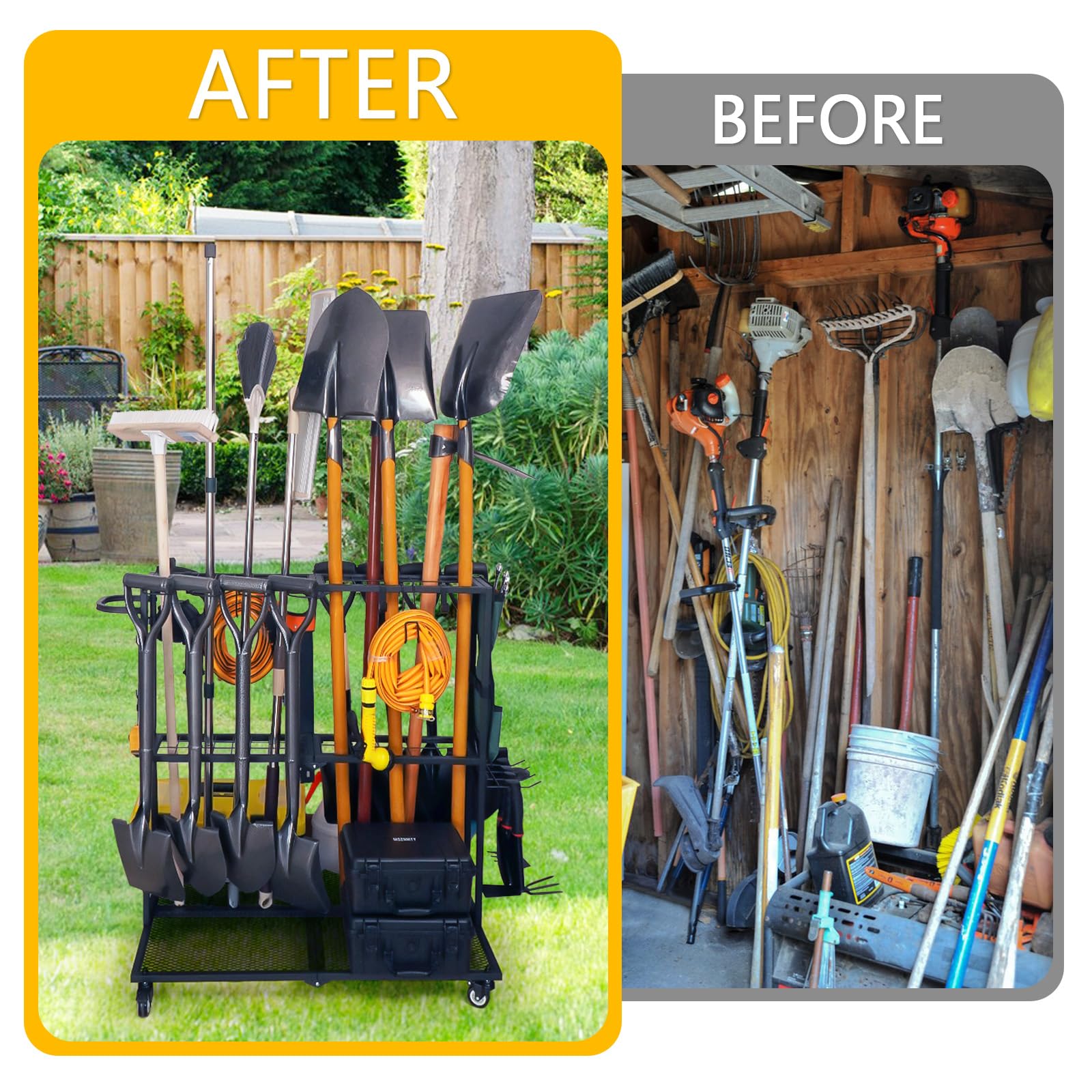 LCMWHOP Garden Tool Organizer - Heavy Duty Garage Storage and Organization with Wheels - Large Garden Tool Storage Holder for Lawn Yard Patio Shed,Garage Shovel Rack