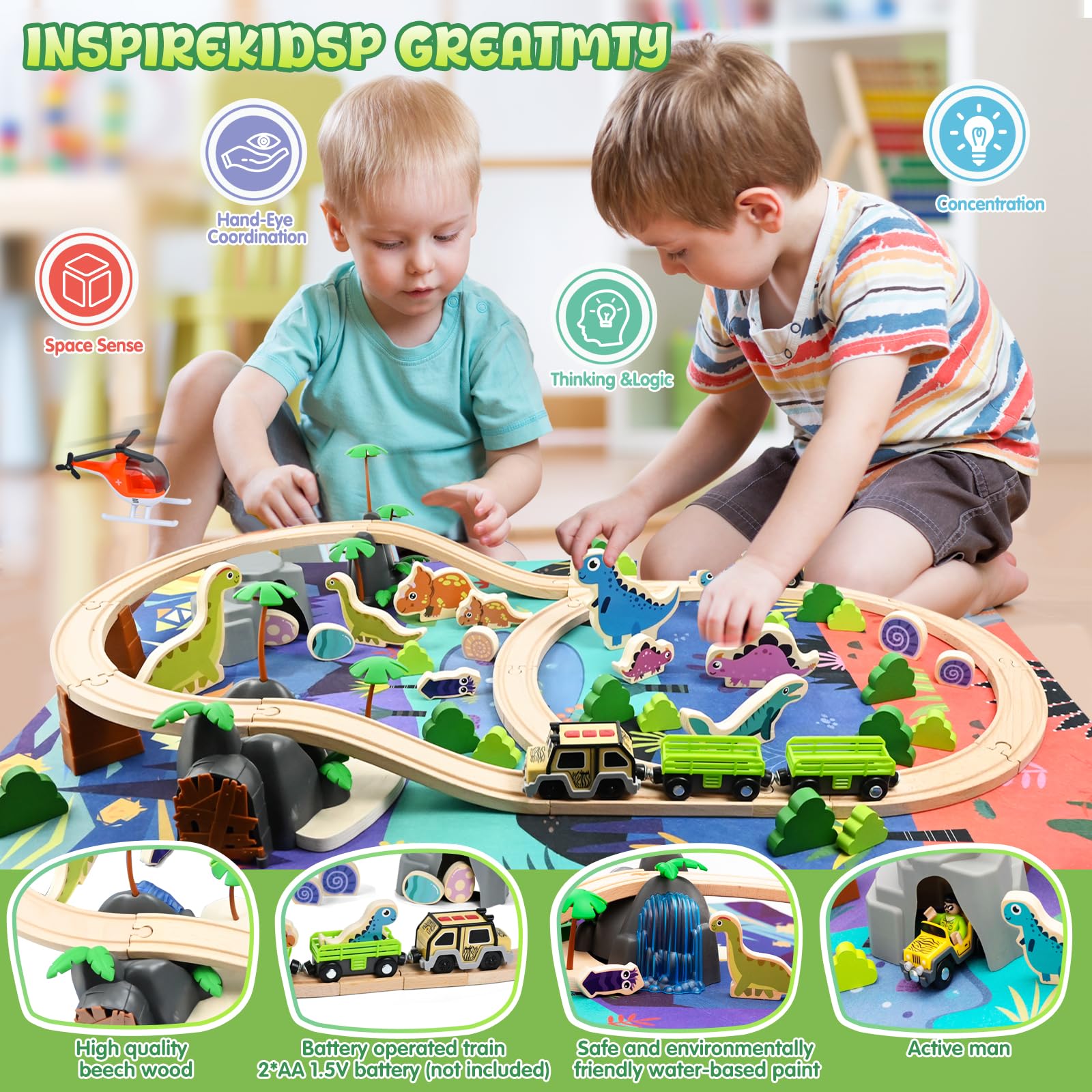 Joellfuner 80 Pièces Ensemble de Trains en Bois, Jouet de Dinosaure Train avec Trains Touristique et Accessoires pour Dinosaures, Circuit Train en Bois Enfant Compatible avec Thomas, Brio et Hape
