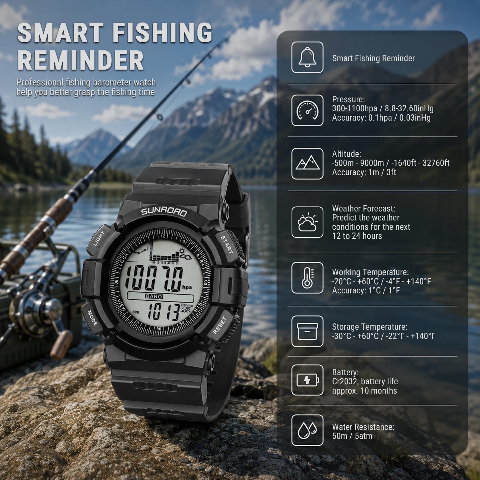 Herren Digitaluhr Sport 5 ATM Wasserdicht mit Backlight für Angeln | Angeln Herren Uhren Digital Sport mit 6 Angelplätze, 24 Stunden Luftdruckkurve, Höhenmesser, Thermometer, Wettervorhersage