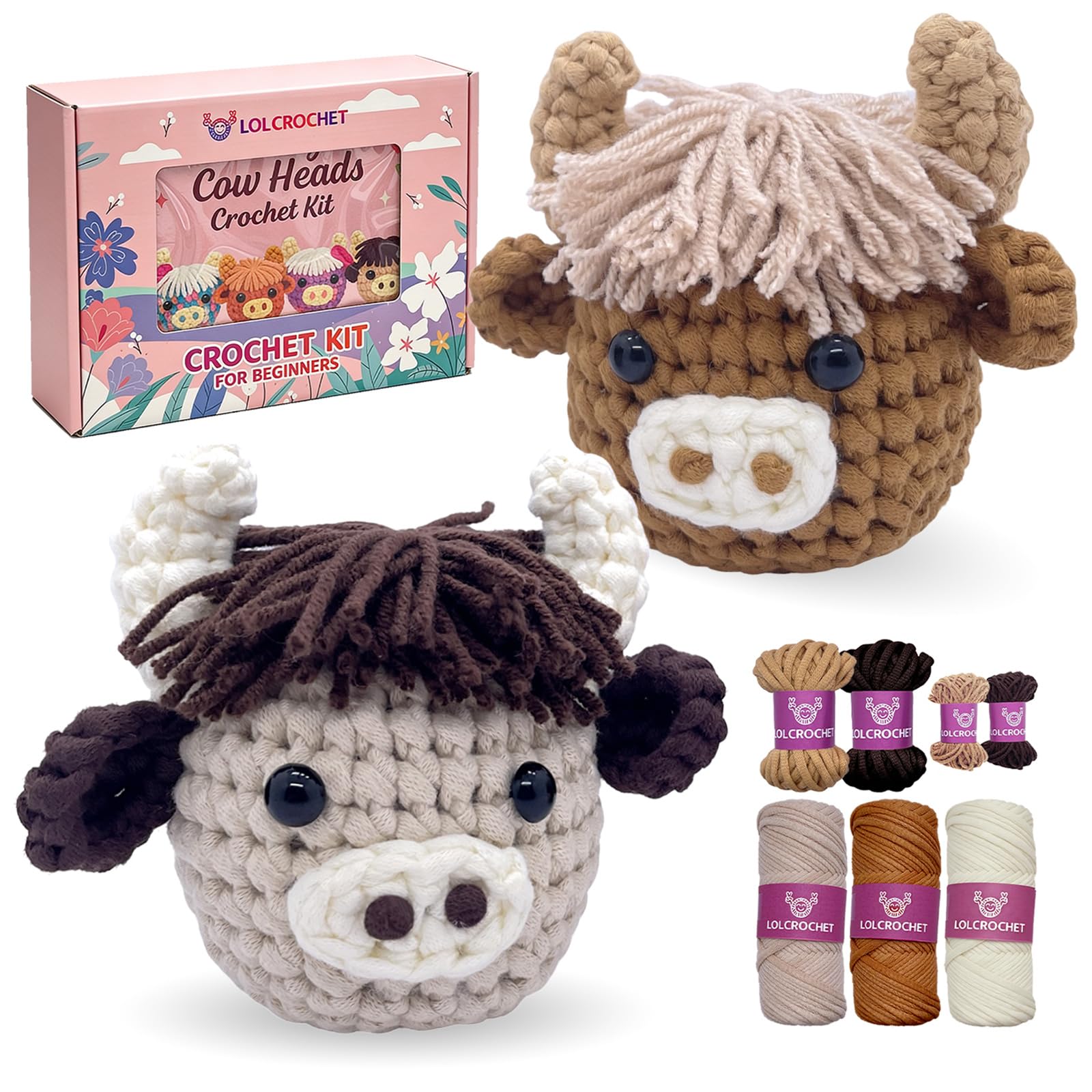 Crochet Kit for Beginners - 2 Pcs Highland Cow Crochet Starter Kit with Step-by-Step Video Tutorial, Easy Amigurumi Set for Adults, Women Girl Learn to Crocheting Gift Idea