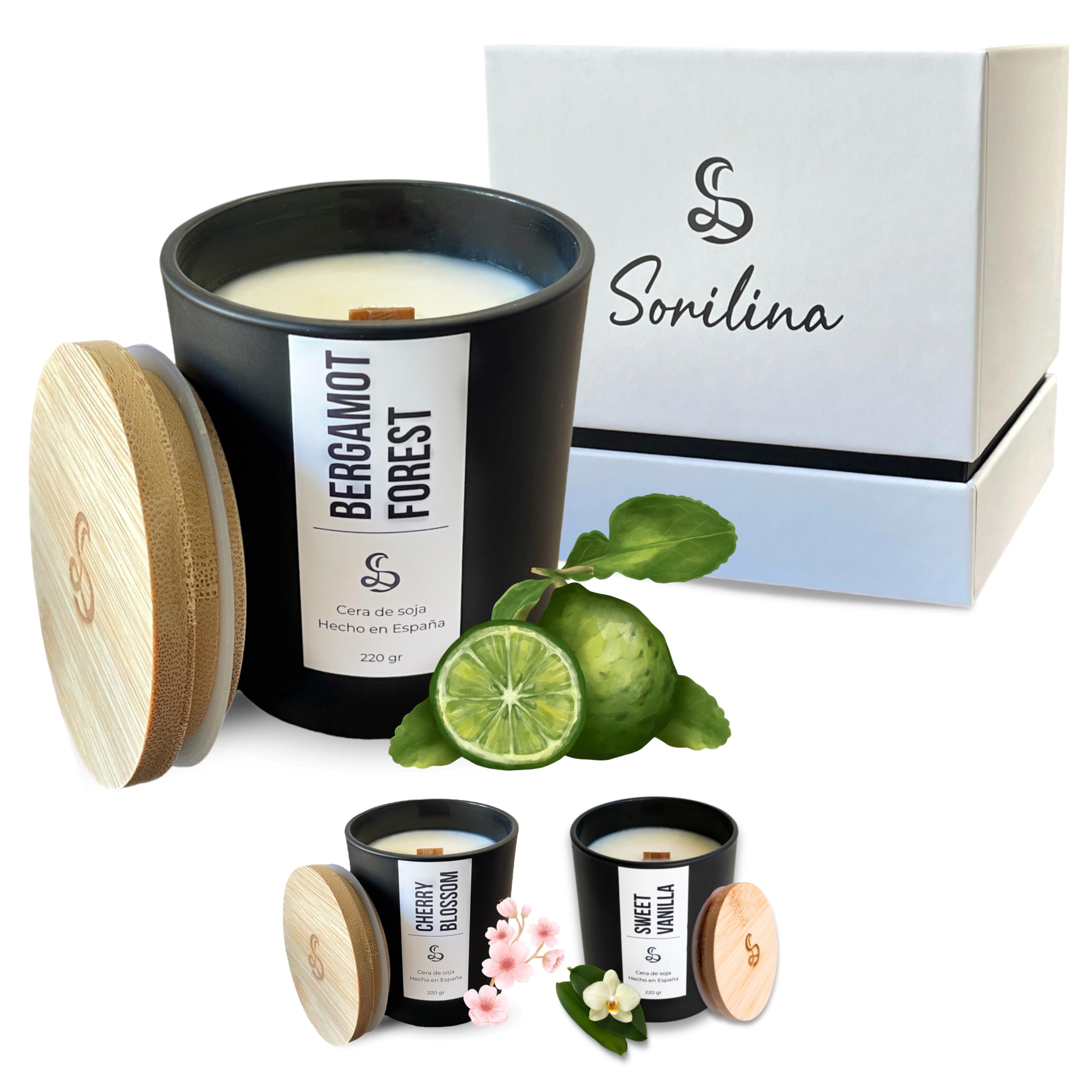 SORILINA Vela Aromática de Bergamota, Vela de Soja Natural con Mecha de Madera - Vela Perfumada Grande para Regalo, Vela Decorativa Larga Duración - 220gr 55h - Hecho a Mano en España