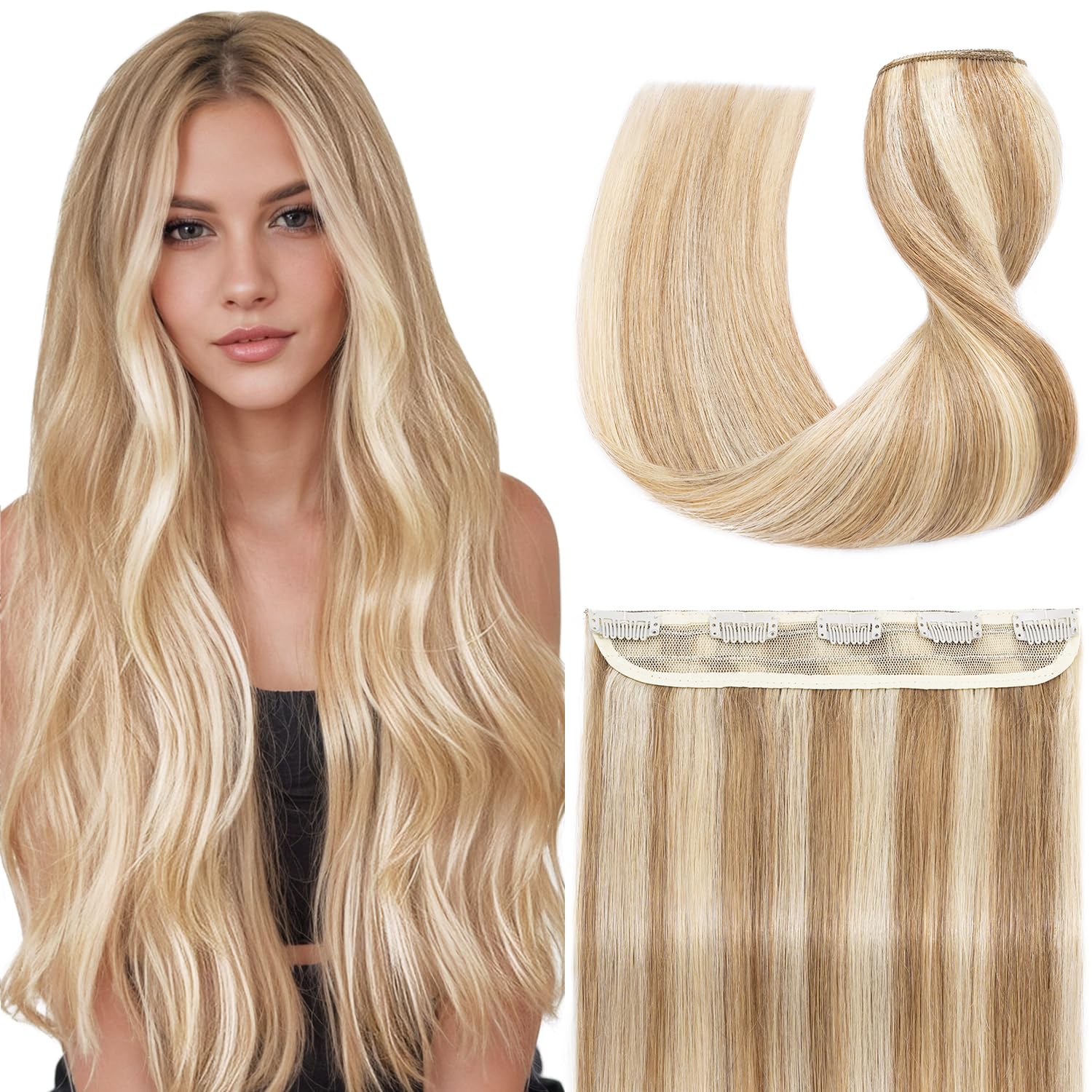Photo 1 of S-noilite One Piece Hair Extensions Clip in Human Hair 5 Clips 3/4 Full Head Clip on Remy Hair Extension for Women,One-Piece Design Adding Hair Volume 20 Inch 50g #Golden Brown&Bleach Blonde