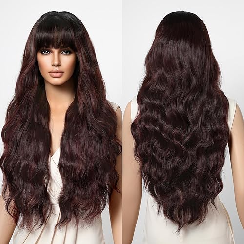 Miniatura 2 de YOGFIT Peluca plateada de color rojo oscuro con flequillo de 26 pulgadas de largo, peluca ondulada para mujer, de aspecto natural, sintética,