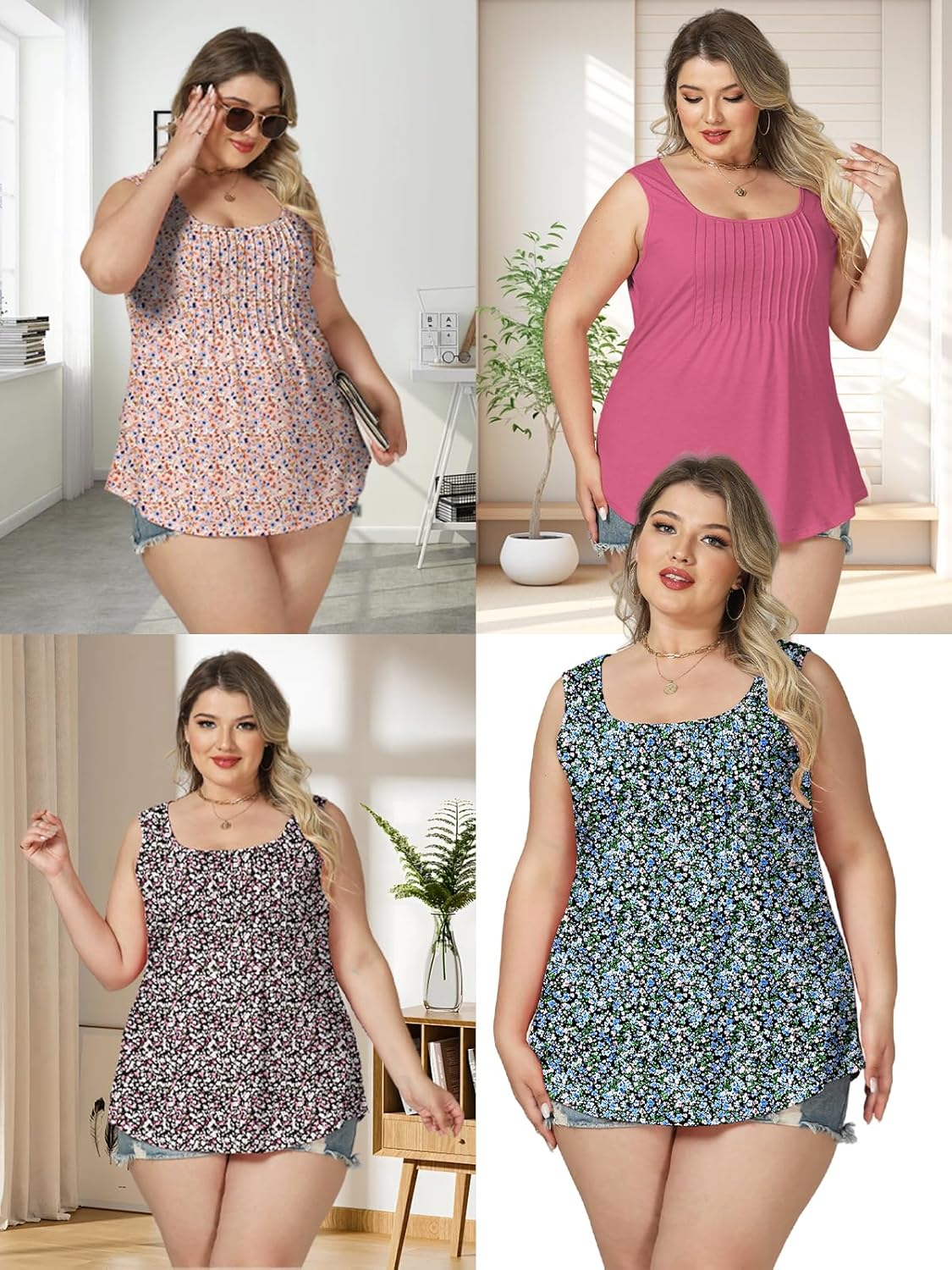 VISLILY Plus-Size-Tank-Tops for Women Summer Pleated Square Neck Tunics Loose Fit Casual Flowy Sleeveless Shirts 1X-5X - Image 6