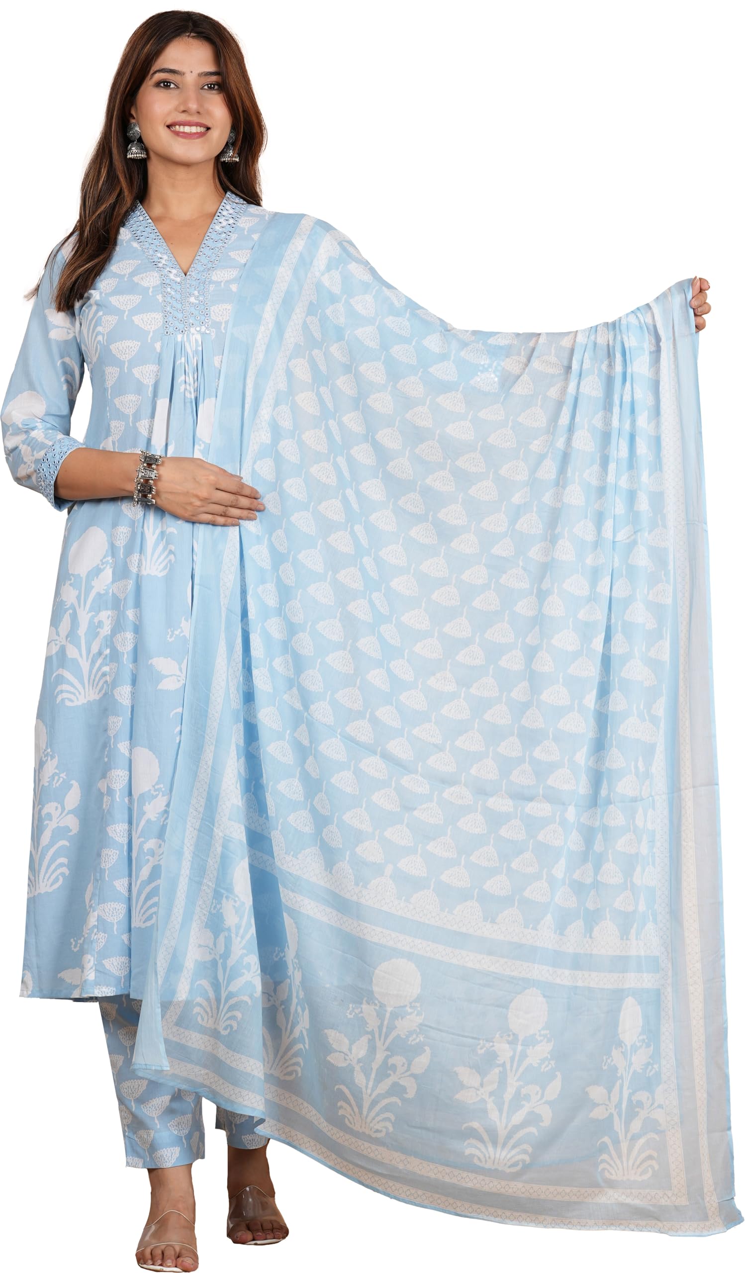 yash gallery Women's Cotton Calf Length V-Neck Botanical Print Regular Fitted Anarkali Kurta With Pant & Dupatta-picture-44