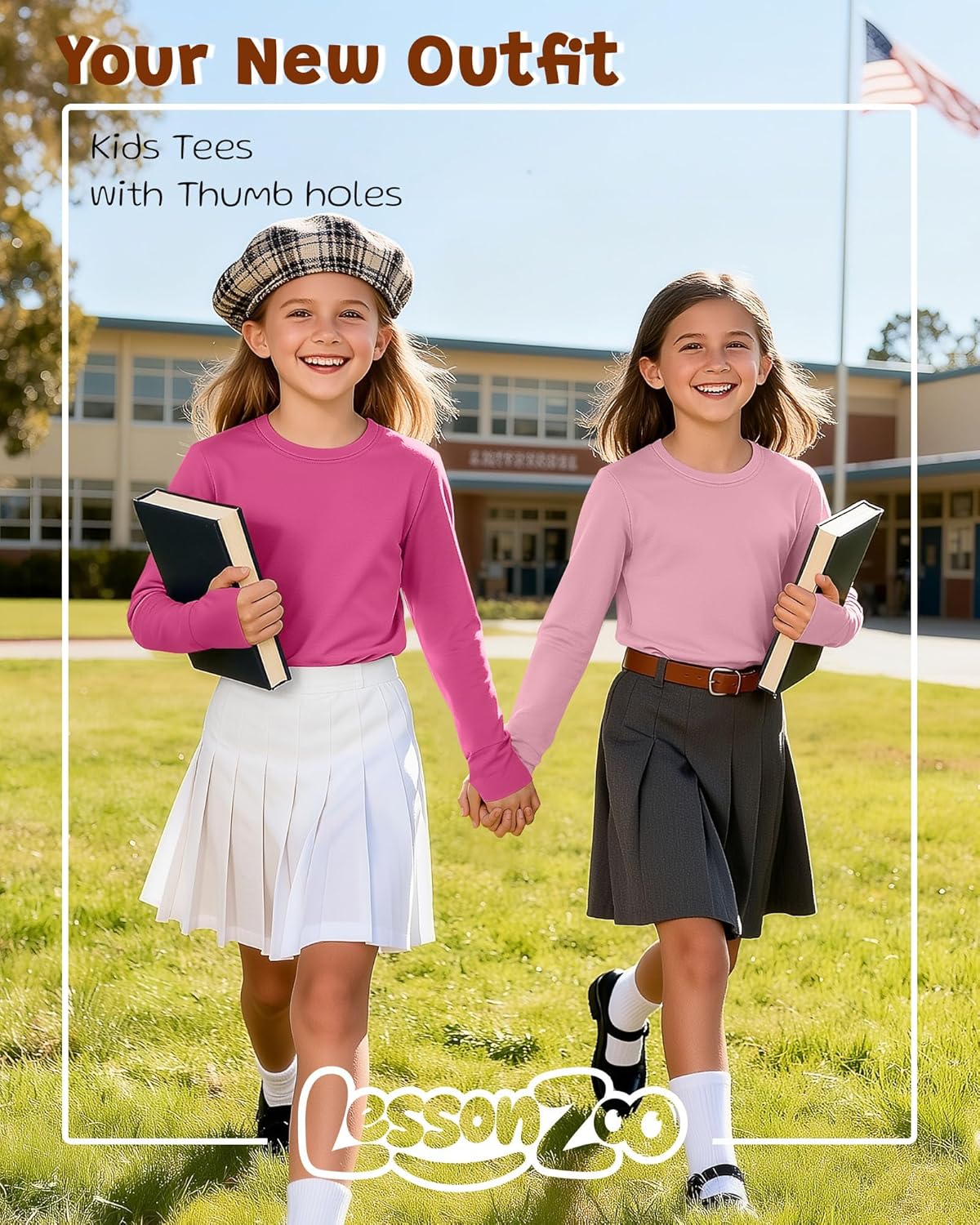 4 Pack Girls' Cotton Shirts with Thumb Holes Long Sleeve Basic Crew Neck Tops Casual Lightweight Tees 5-14Y - Image 3