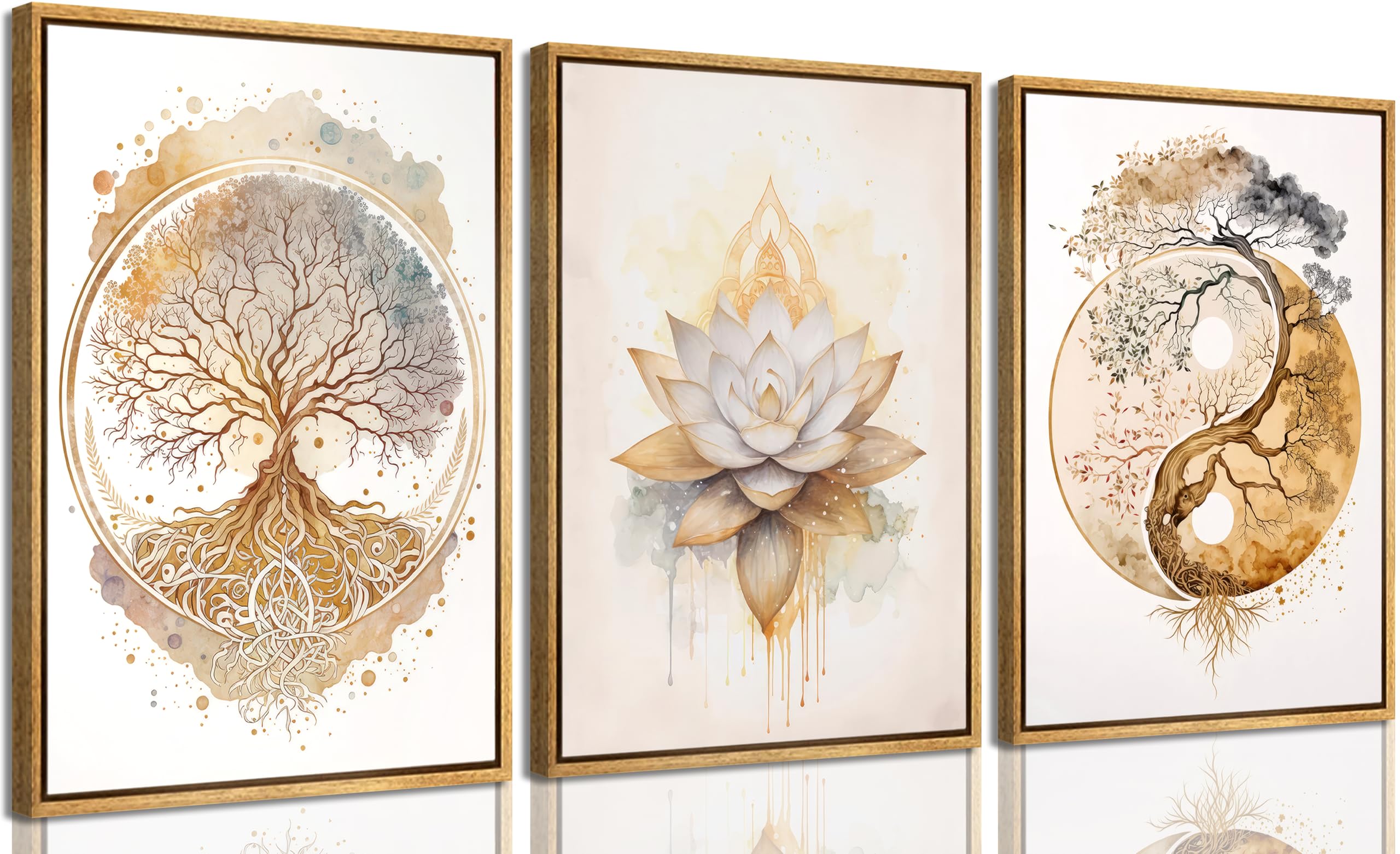 3pcs Framed Tree of Life Canvas Wall Art Gold Lotus Zen Painting Picture Wall Decor Abstract Yin Yang Poster Print Artwork for Living Room Yoga Room Hotel Bedroom Home Decoration Wood Color Framed, SIMILAR TO STOCK PHOTO