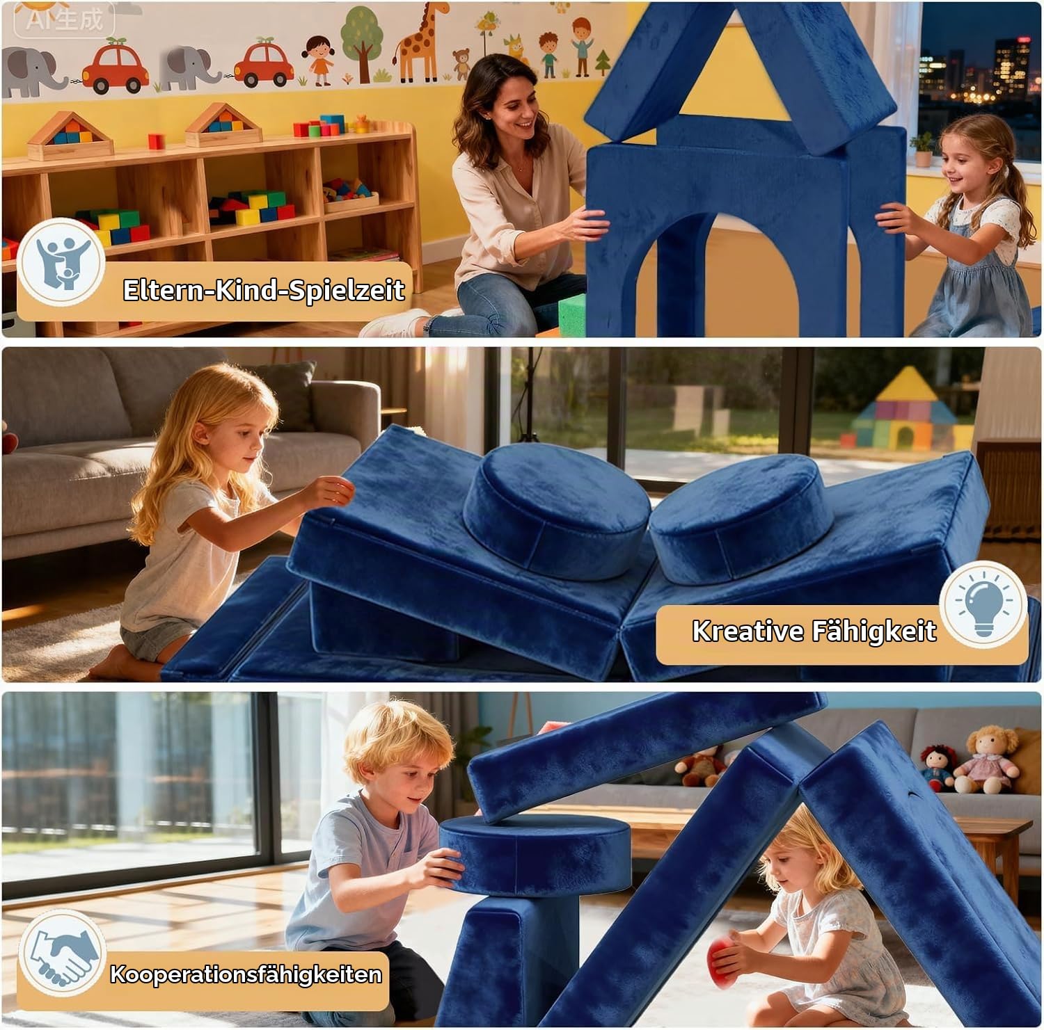 Modulare Spielsofa für Kinder 12-teilig – CPC-zertifiziert, Umbaubare kindersofa, maschinenwaschbares kindercouch, Strapazierfähiges Schaumstoff-Bodenkissen für Kinder, ideal für Schlafzimmer