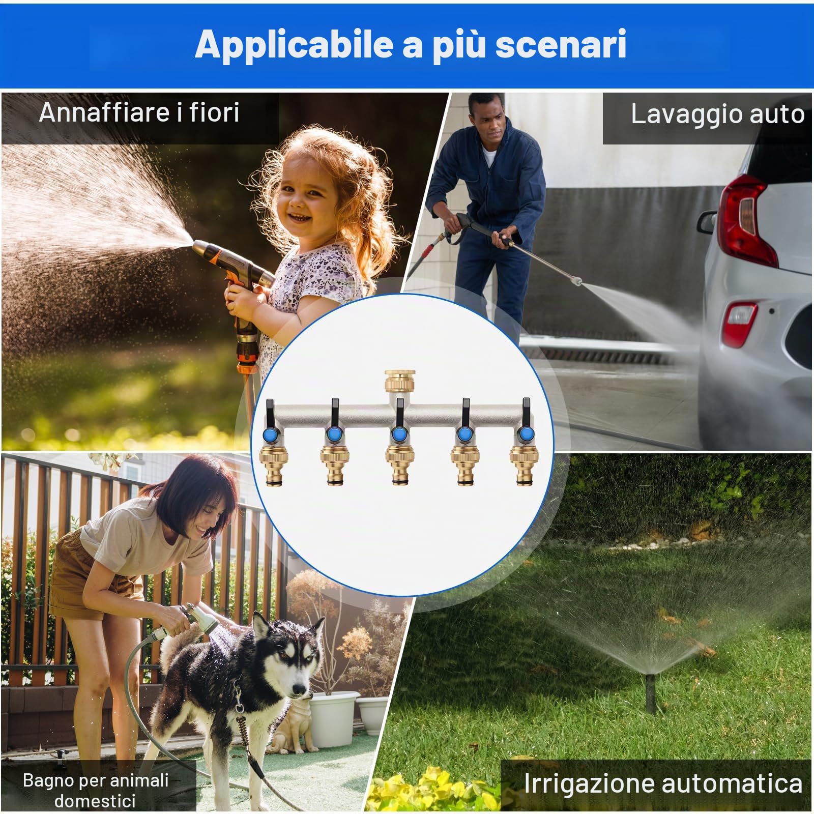 Distributore dell'Acqua a 5 Vie, in Ottone, Adattatore da 3/4 Pollici con 5 connettori per Rubinetto da 3/4" a 1/2" per casa, Cortile/Lavatrice