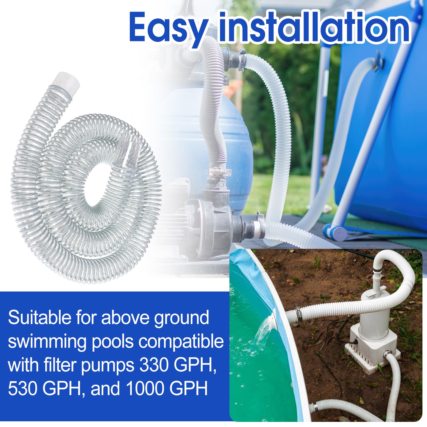 Tubi di ricambio blu per piscina fuori terra, 3,2 x 150 cm, compatibili con pompa filtrante 330 GPH, 530 GPH e 1000 GPH con morsetti in metallo, adatti per 607, 637 (blu-4)