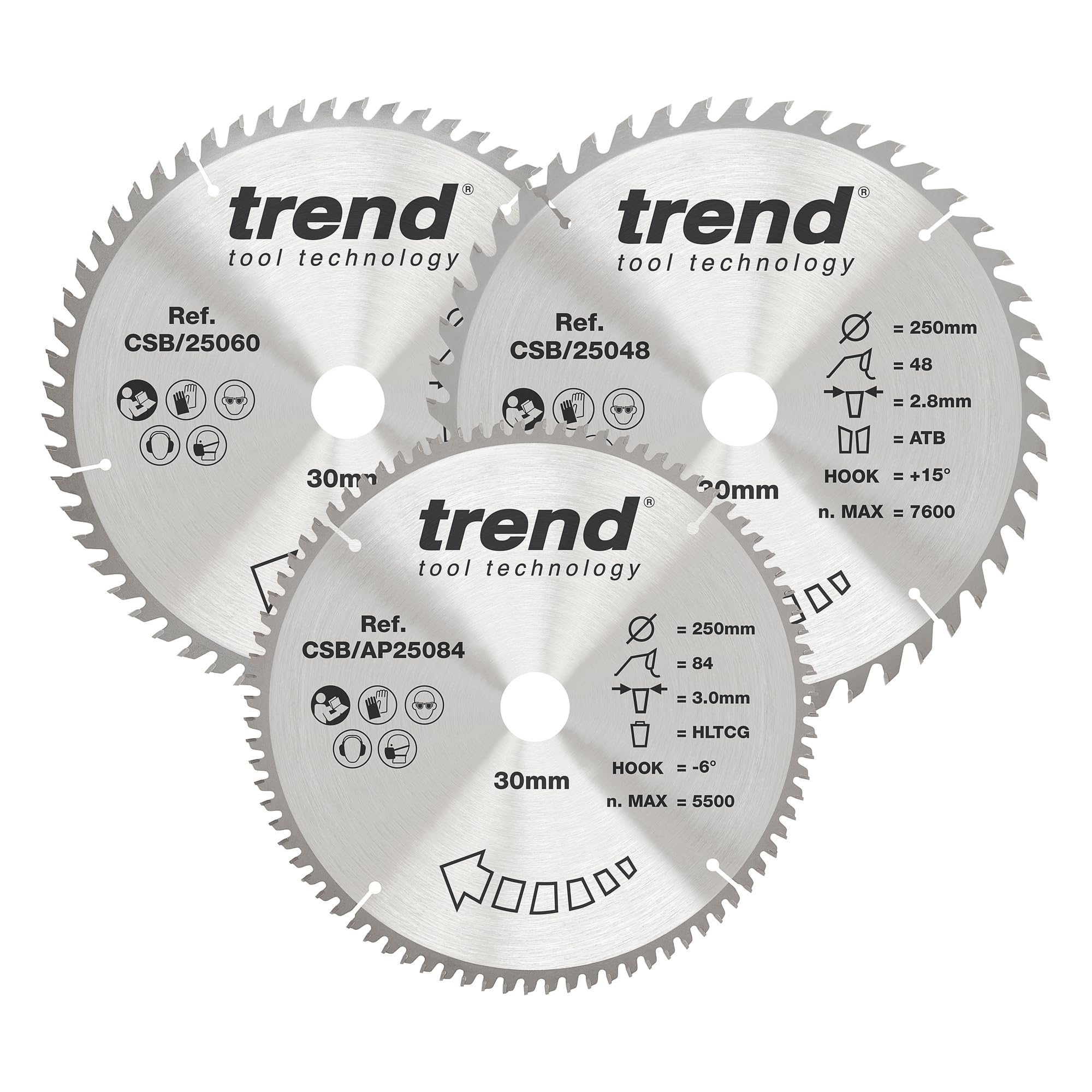 Trend CraftPro Paquete triple de hojas de sierra circular TCT, 250 mm de diámetro x 48, 60 y 84 dientes x 30 mm de diámetro interior, punta de carburo de tungsteno, CSB/250/3PK, paquete de 3