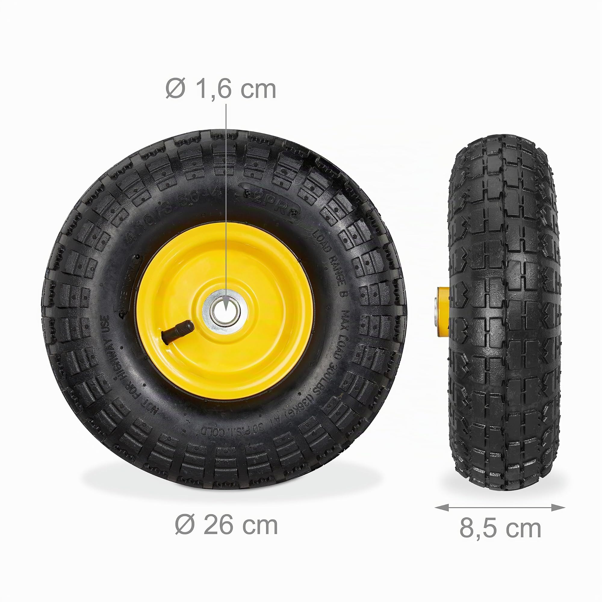 Relaxdays 2 Roues pour Diable 4.1/3.5-4, avec air, axe de 136 mm, Jusqu’à 136 kg, Jantes Acier 260x85 mm, Noir-Jaune