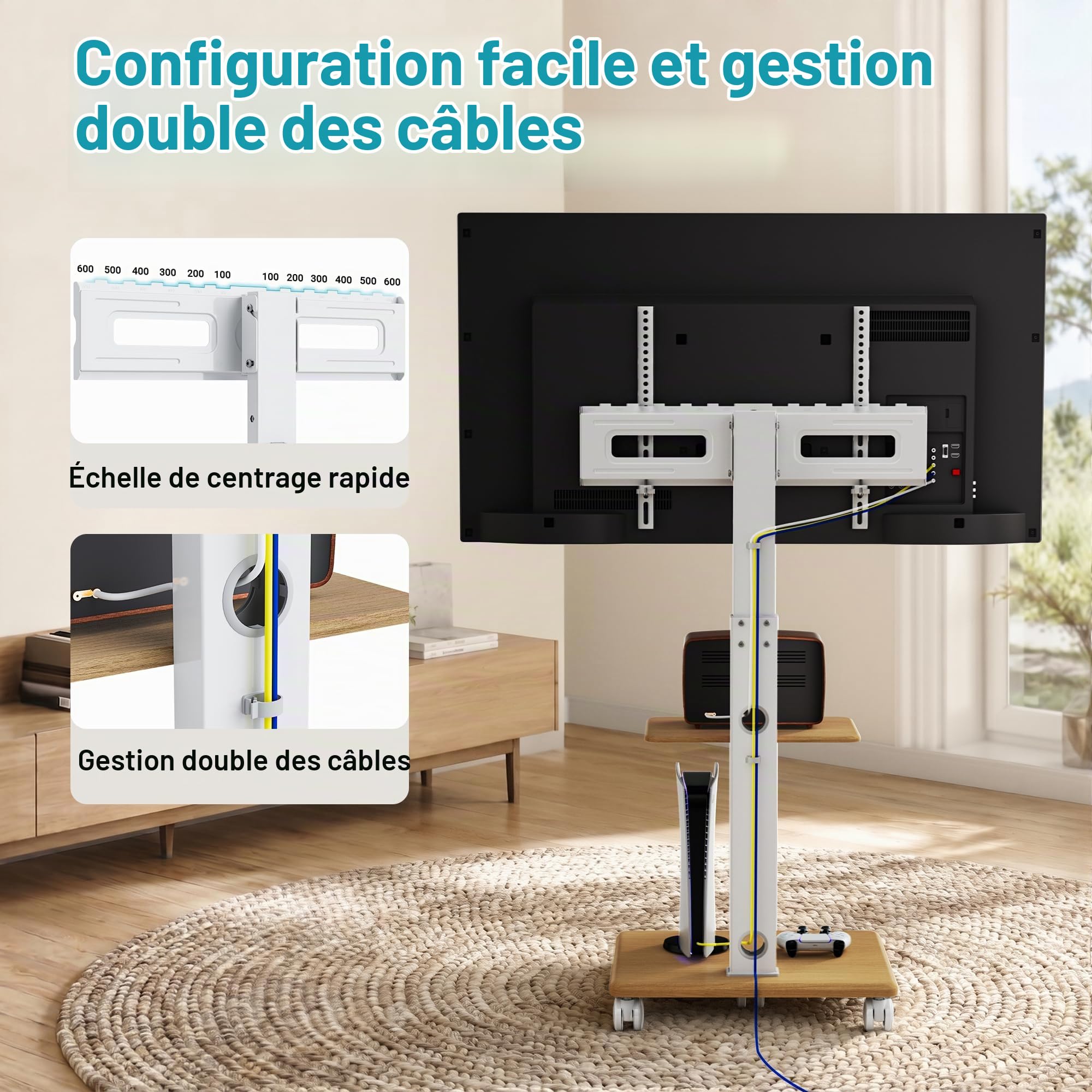 BONTEC Support TV sur Pied à 5 roulettes, 32-80 Pouces, Charge 60 kg | Pied TV Universel Hauteur Réglable 1210-1500 mm, Inclinaison, Pivotement, Socle en Bois, VESA 600 x 400 mm