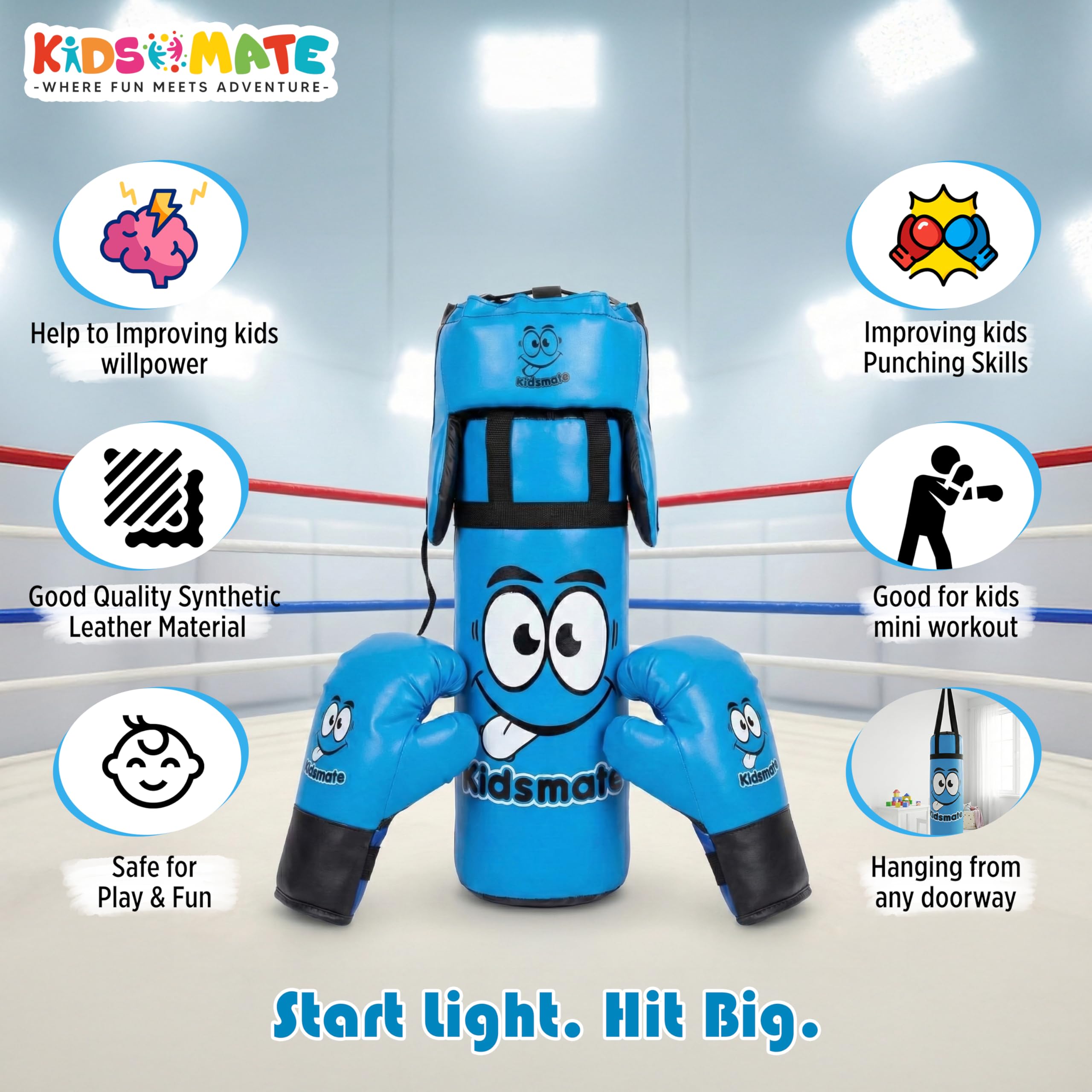 Kidsmate Boxing Kit for Kids of Age 3โ8 Yrs | Safe Synthetic Leather Punching Bag with Gloves Set | Boxing Set for Karate Training & Punch Practice | Playful Fitness Activity for Boys & Girls - Blue 3