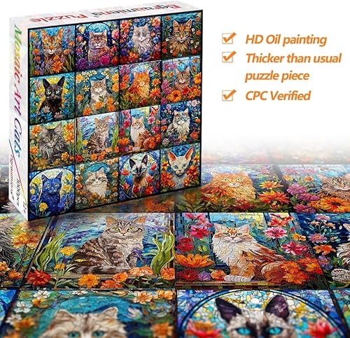Miniatura 4 de Bgraamiens Rompecabezas de arte de mosaico de gatos, 1000 piezas, arte de vidrieras con gatos y flores, desafío de color para adultos