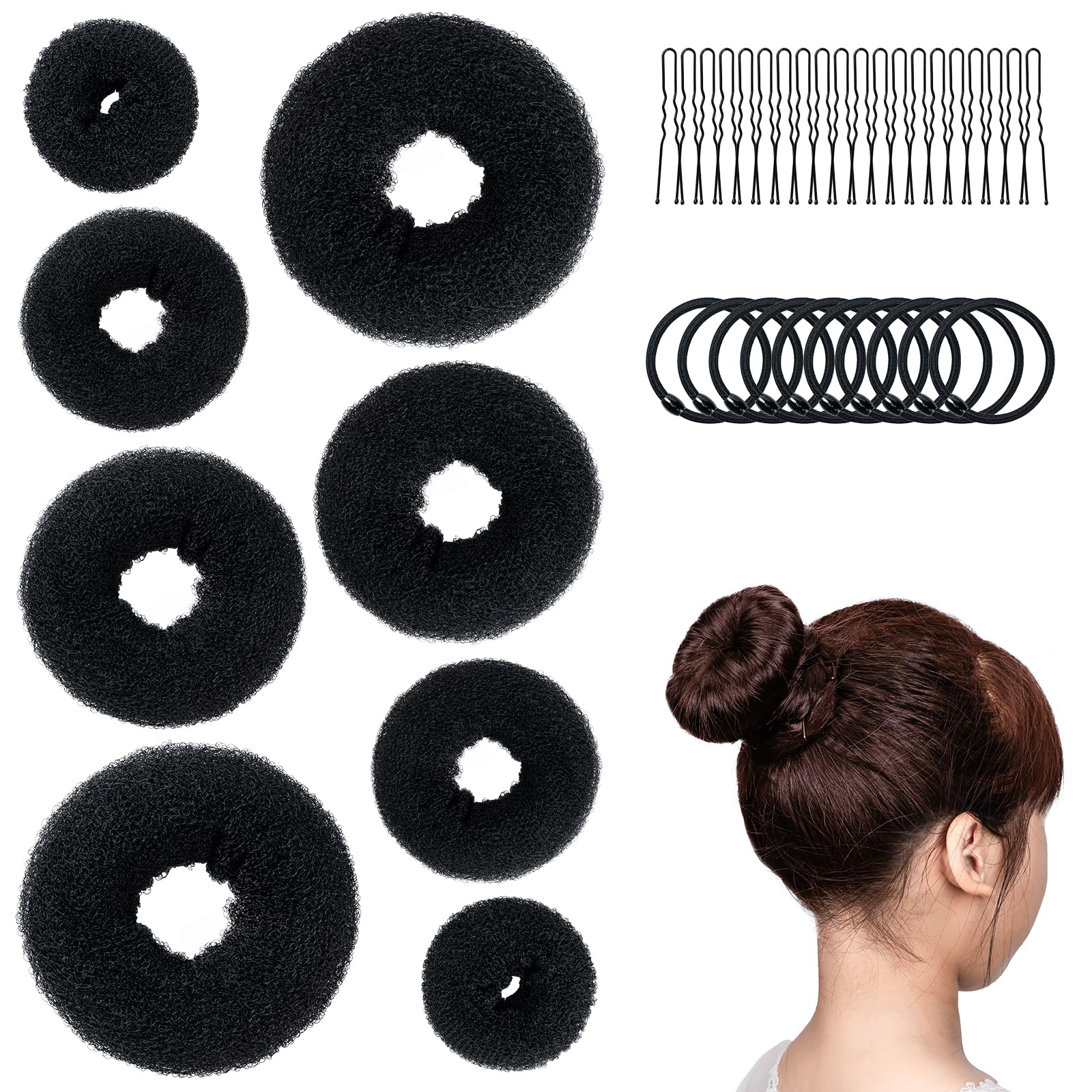 Hair Bun Maker Set, 8 Pieces Donut Hair Bun Maker with 10 Pieces Black Rubber Bands and 20 Pieces Bun Bobby Pins for Ladies, Black