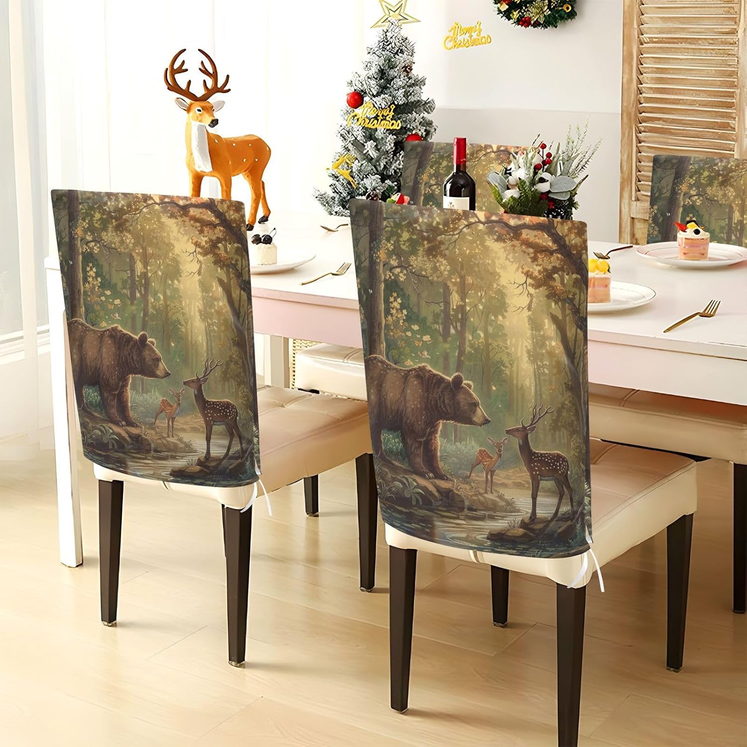 ALAZA Bear and Deer in The Forest Chair Back Cover Set of 6, Washable Reusable Removable Chair Slipcovers Decorative Chair Cover for Home Kitchen Wedding Party