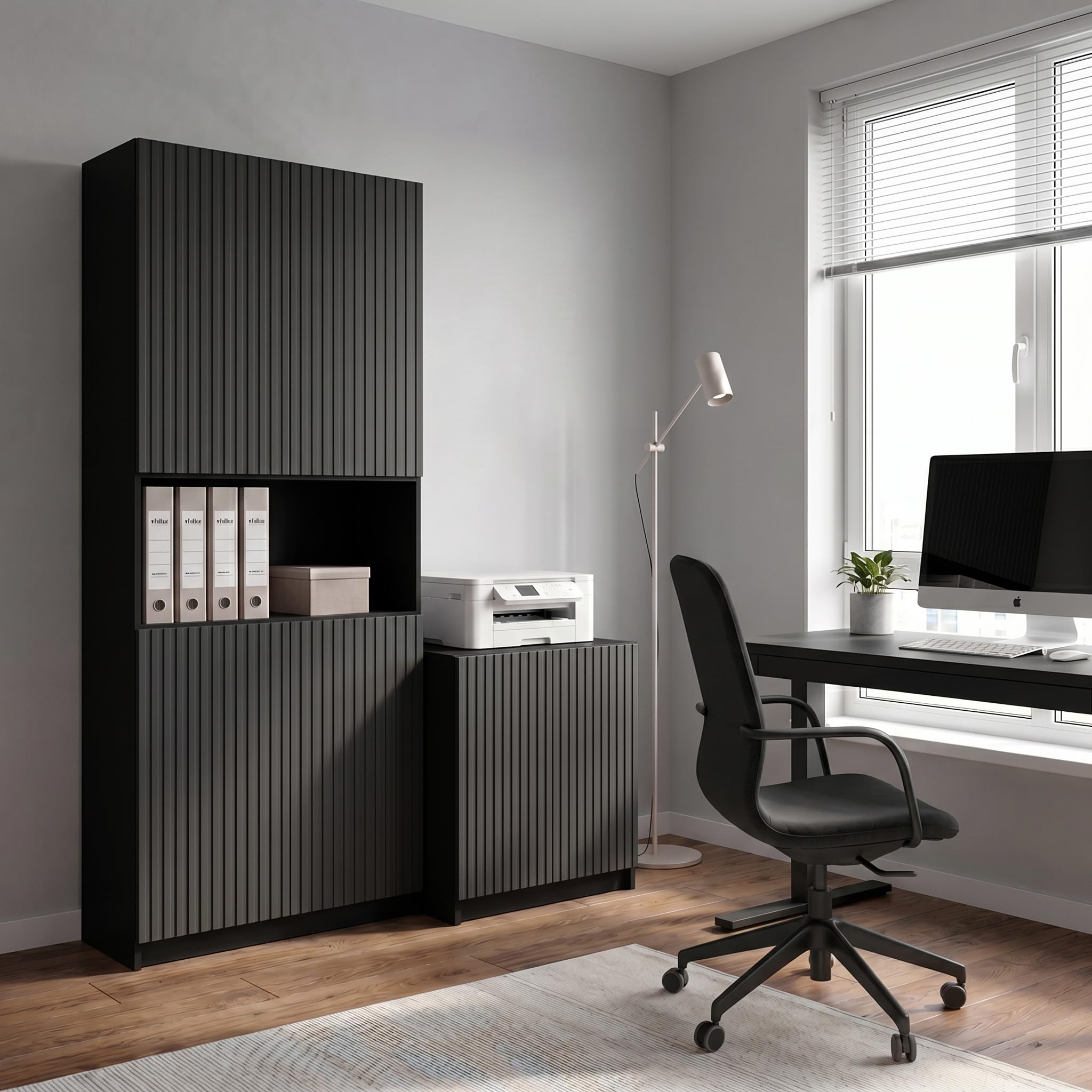 Druckerkommode Rivo, Aktenschrank mit 2 Fächern und 2 Türen, Druckerschrank in Schwarz matt/Schwarz geriffelt, (51 x 60,5 x 54 cm)